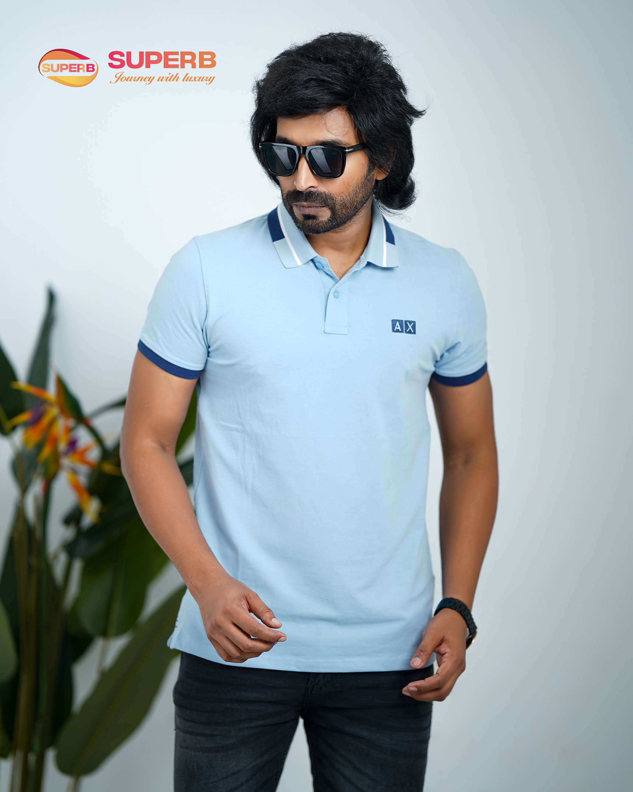 Armani Exchange Polo T-Shirt – Organic Stretch Cotton Slim Fit | Sustainable Piqué Collection - Sky Blue