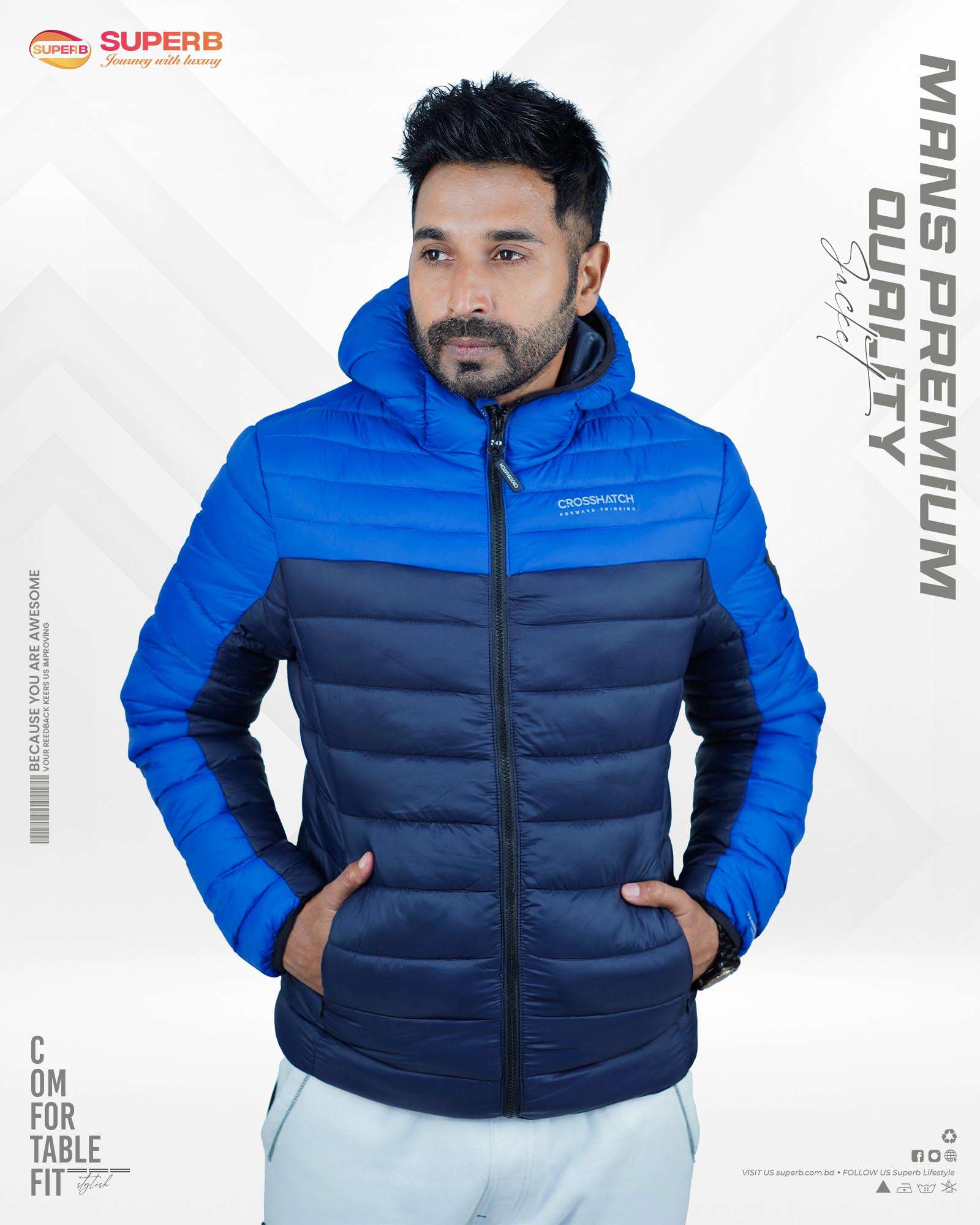 Men's Premium Crosshatch Padded Jacket | Superb LifeStyle - Navy Blue