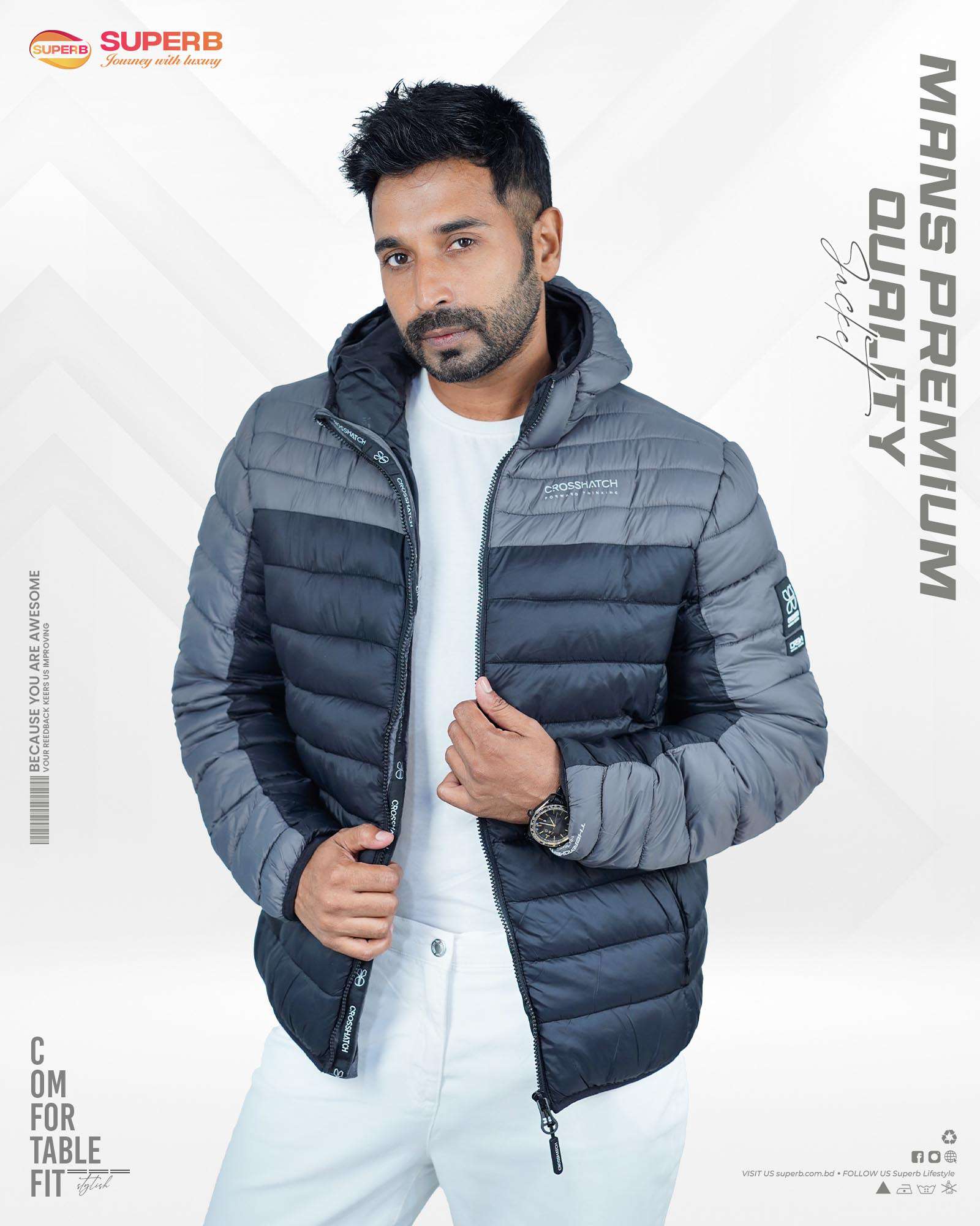 Men's Premium Crosshatch Padded Jacket | Superb LifeStyle - Black Ash