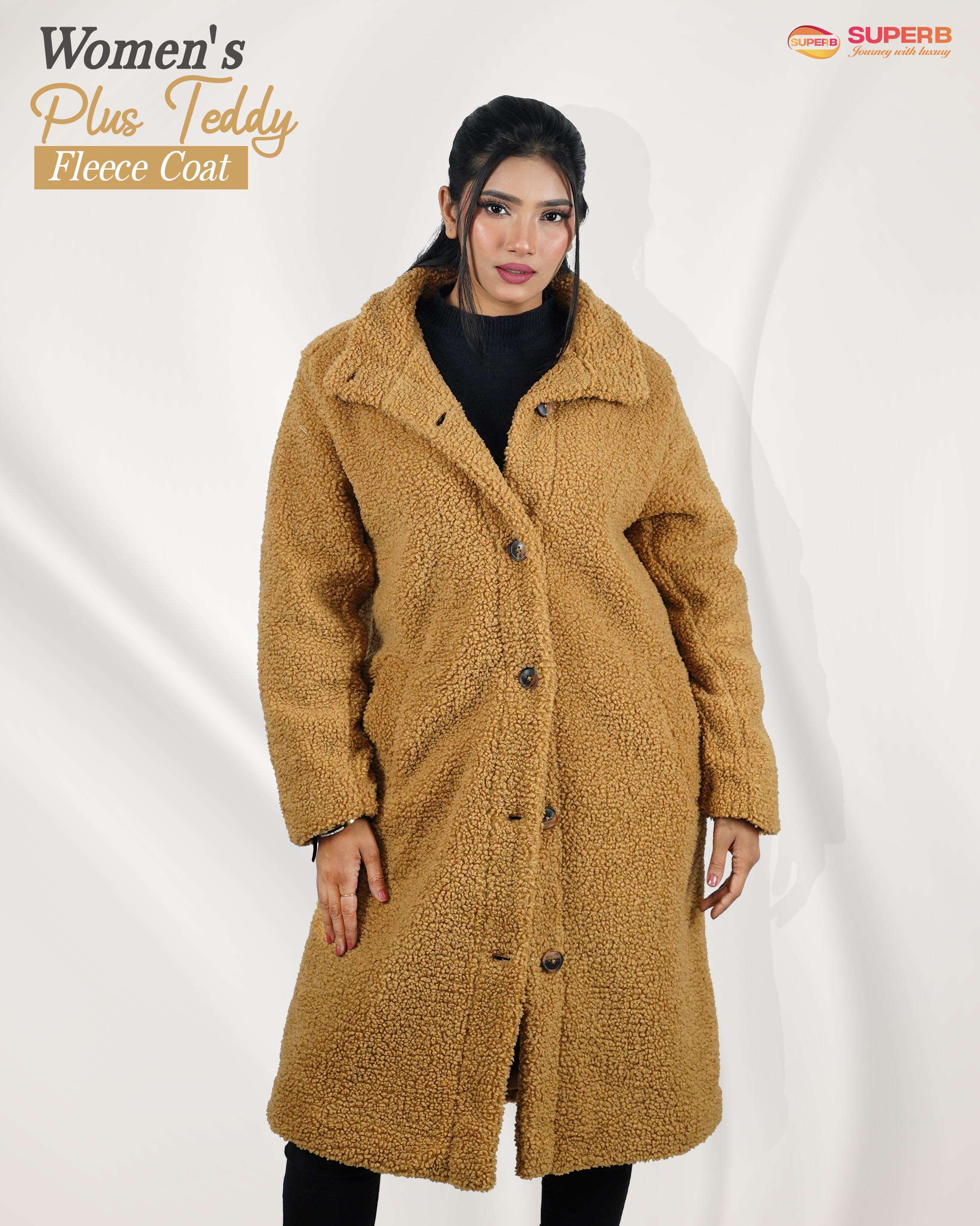 Time and Tru Women's Teddy Fleece Coat| Soft, Stylish & Warm - Camel