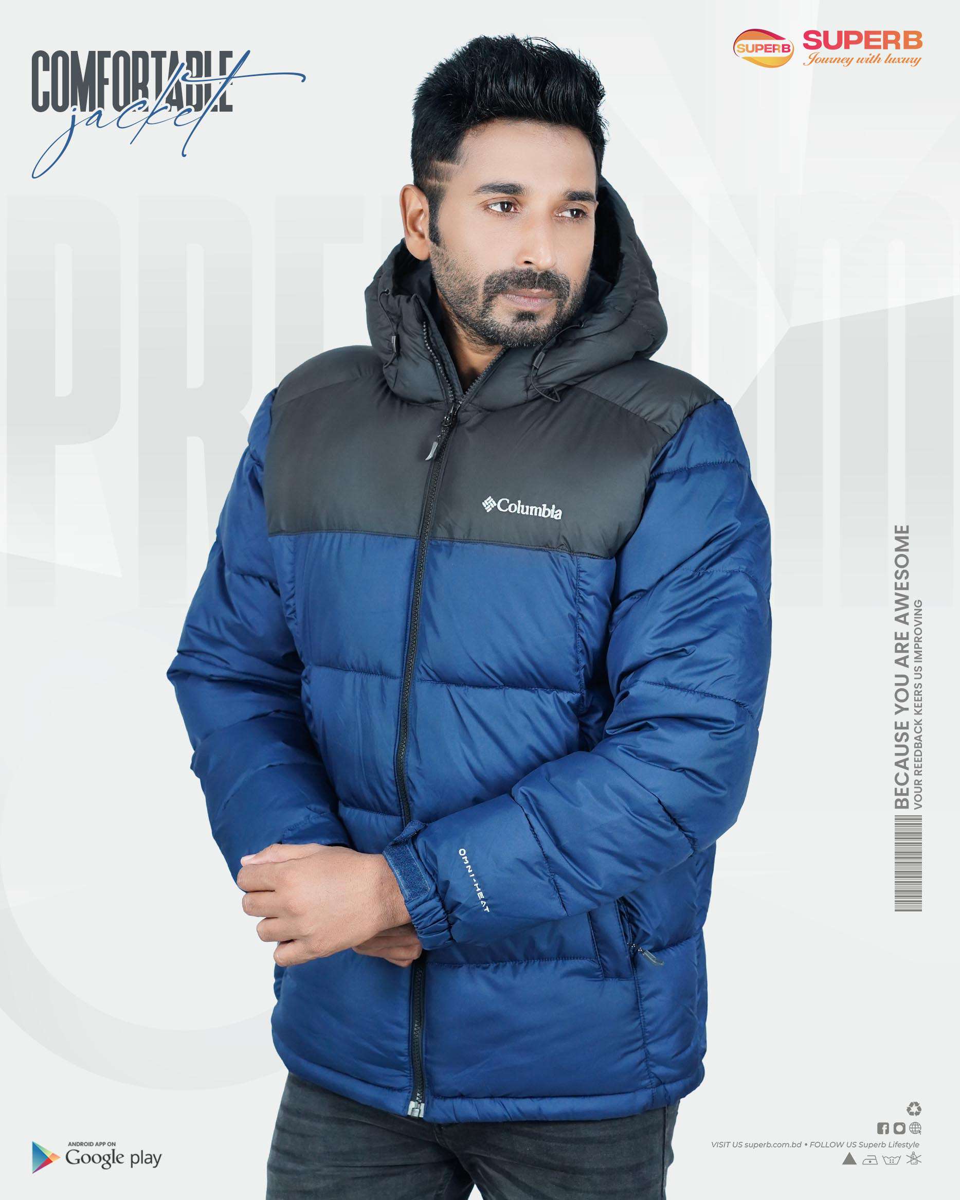 Columbia Men's Contrast Hooded Jacket - Vibrant Winter Collection || Superb Lifestyle - Royal Blue-Black Contrast