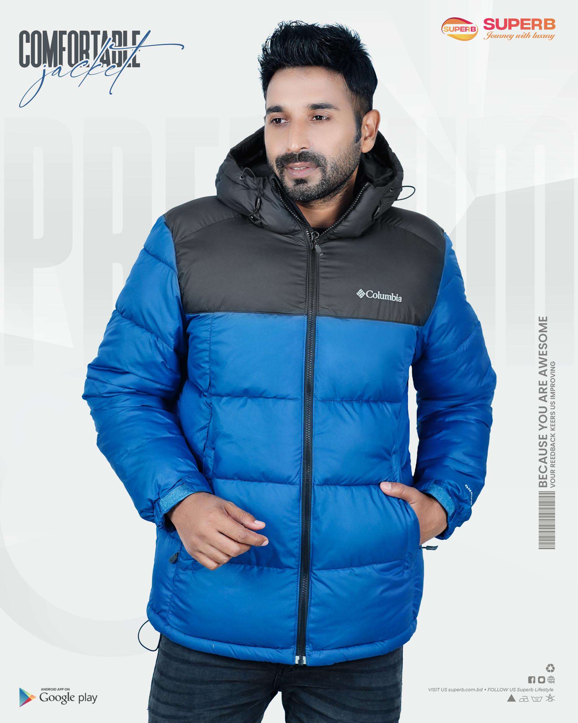 Columbia Men's Contrast Hooded Jacket - Vibrant Winter Collection || Superb Lifestyle - Blue-Black Contrast