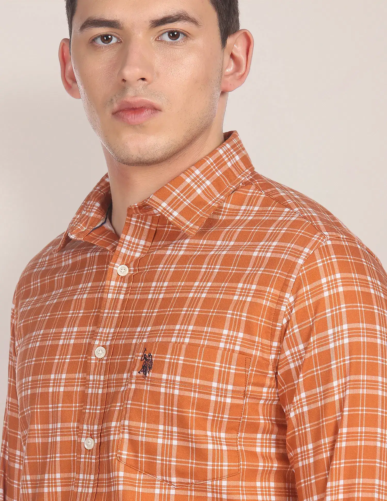 U.S. POLO ASSN. Men's Checked Tailored Fit Cotton Shirt || Superb - Brown