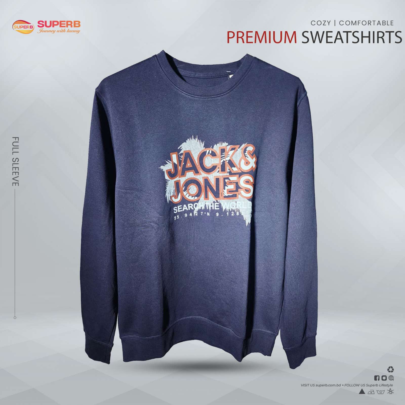 JACK & JONES Men's Navy Crew Neck Sweatshirt with Sherpa Lining || Superb - Navy Blue