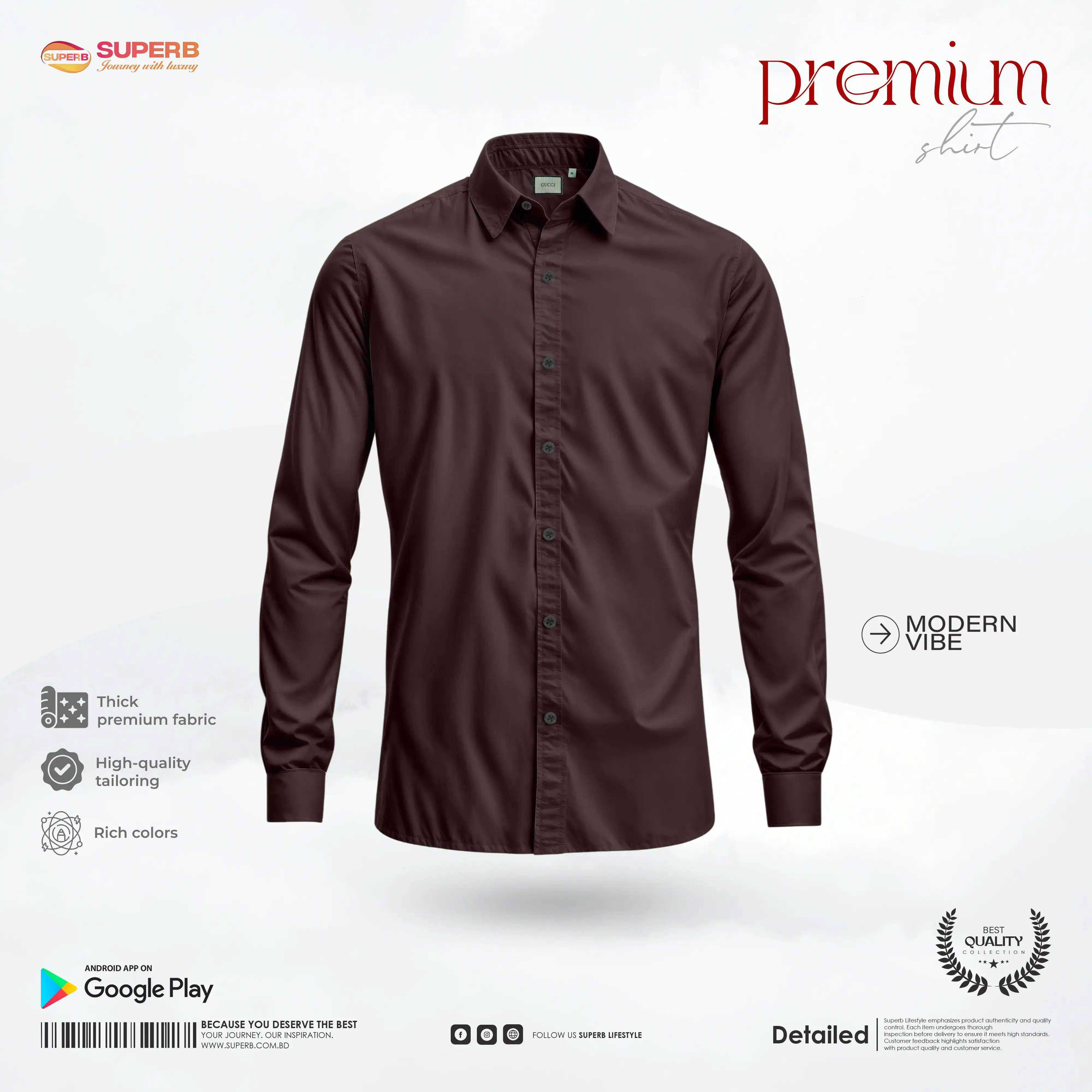 Gucci Premium Men’s Cotton Shirt – Long Sleeve | Formal & Casual || Superb - Coffee