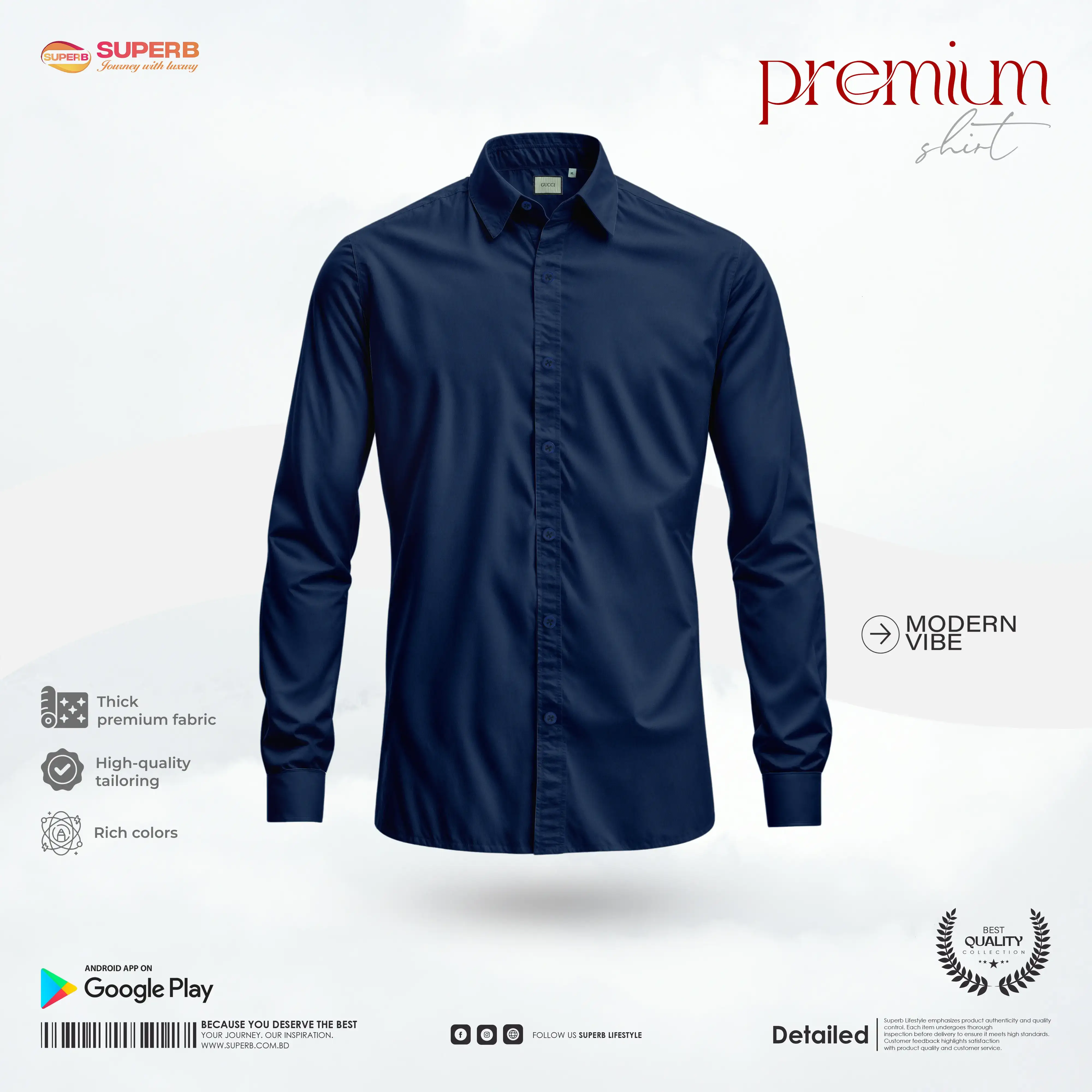 Gucci Premium Men’s Cotton Shirt – Long Sleeve | Formal & Casual || Superb - Navy Blue