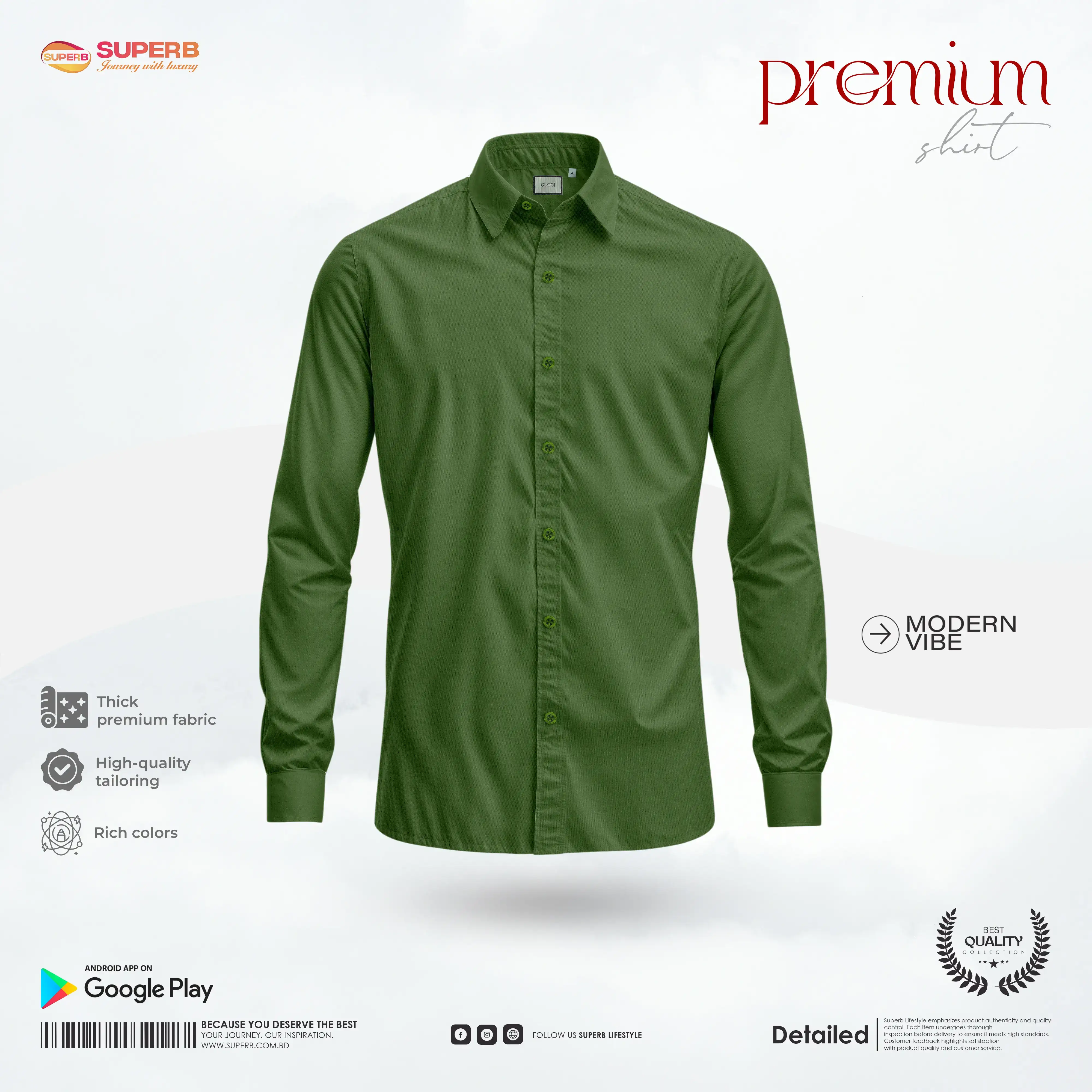 Gucci Premium Men’s Cotton Shirt – Long Sleeve | Formal & Casual || Superb - Olive