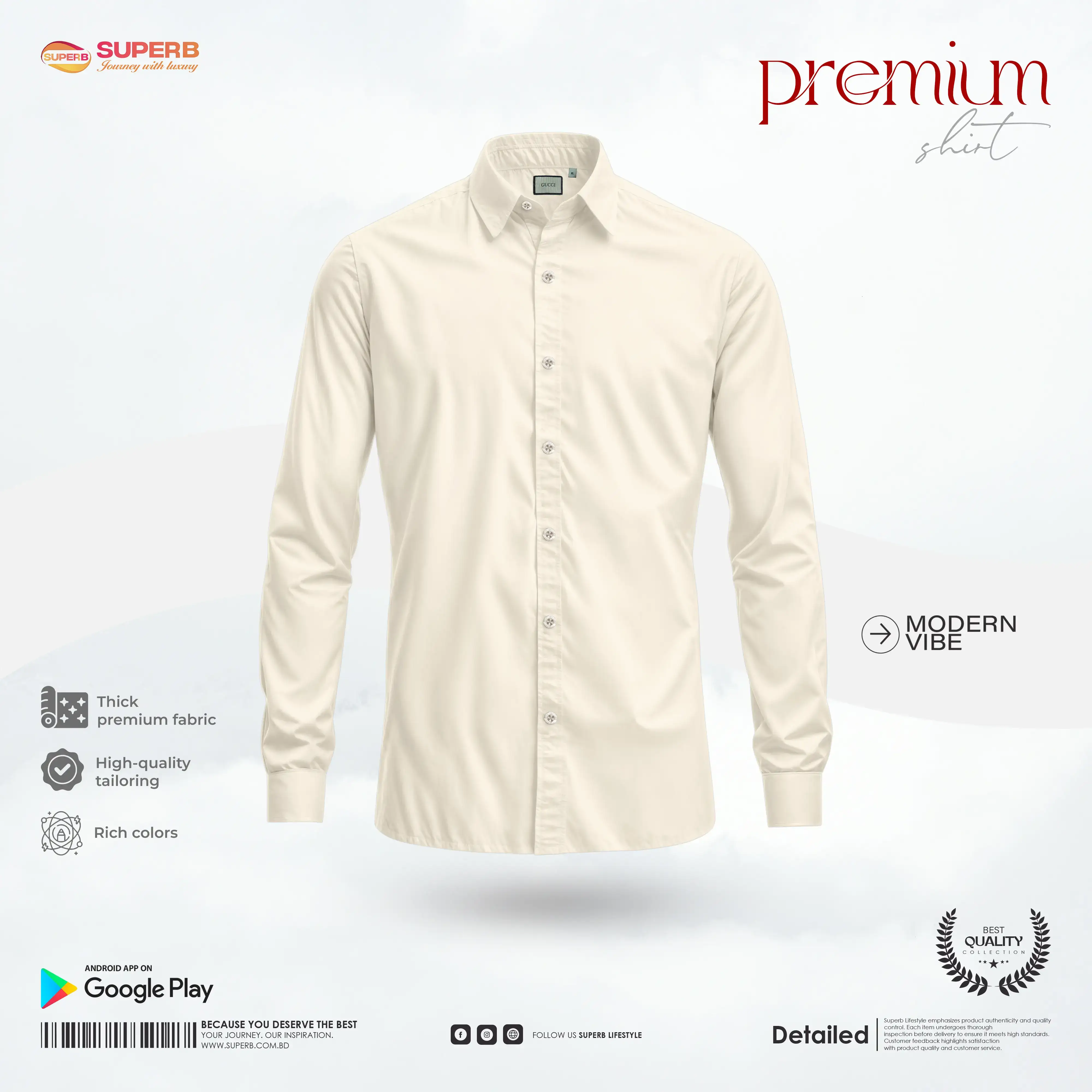 Gucci Premium Men’s Cotton Shirt – Long Sleeve | Formal & Casual || Superb - Beige