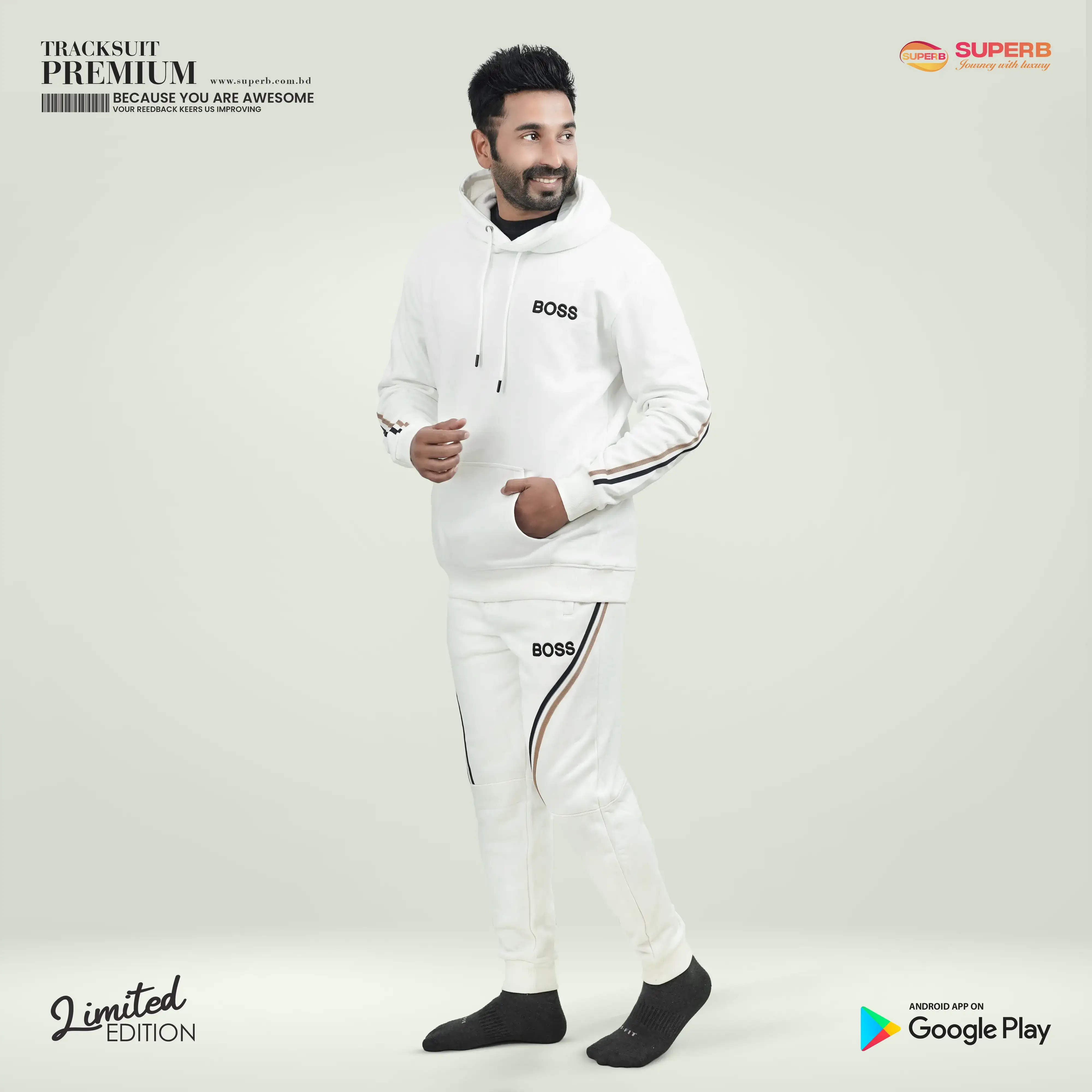 BOSS Premium Tracksuit Set – Pullover Hoodie & Jogger | 100% Cotton || Superb - White