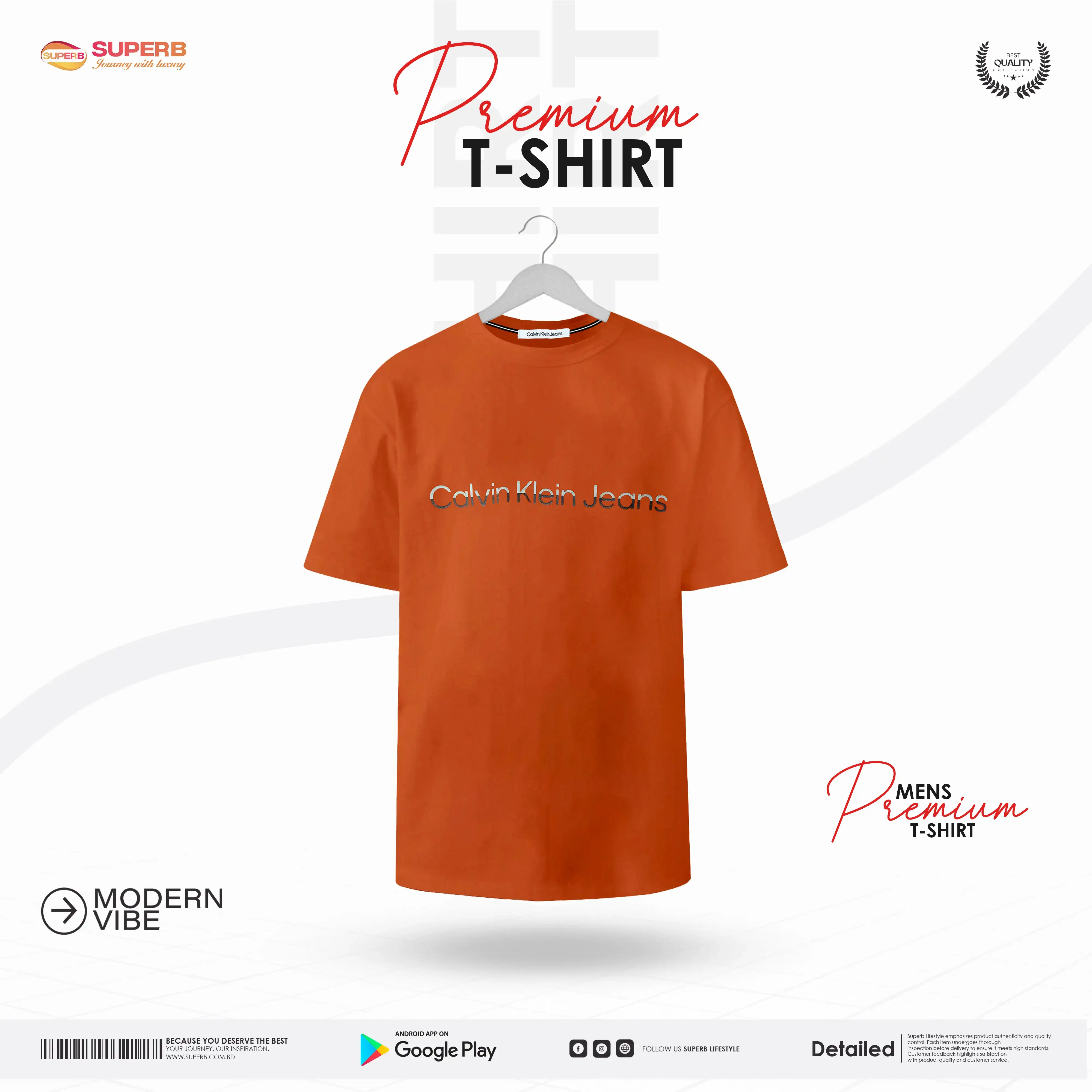 Calvin Klein Orange Men’s T-Shirt | 100% Cotton || Superb - Orange