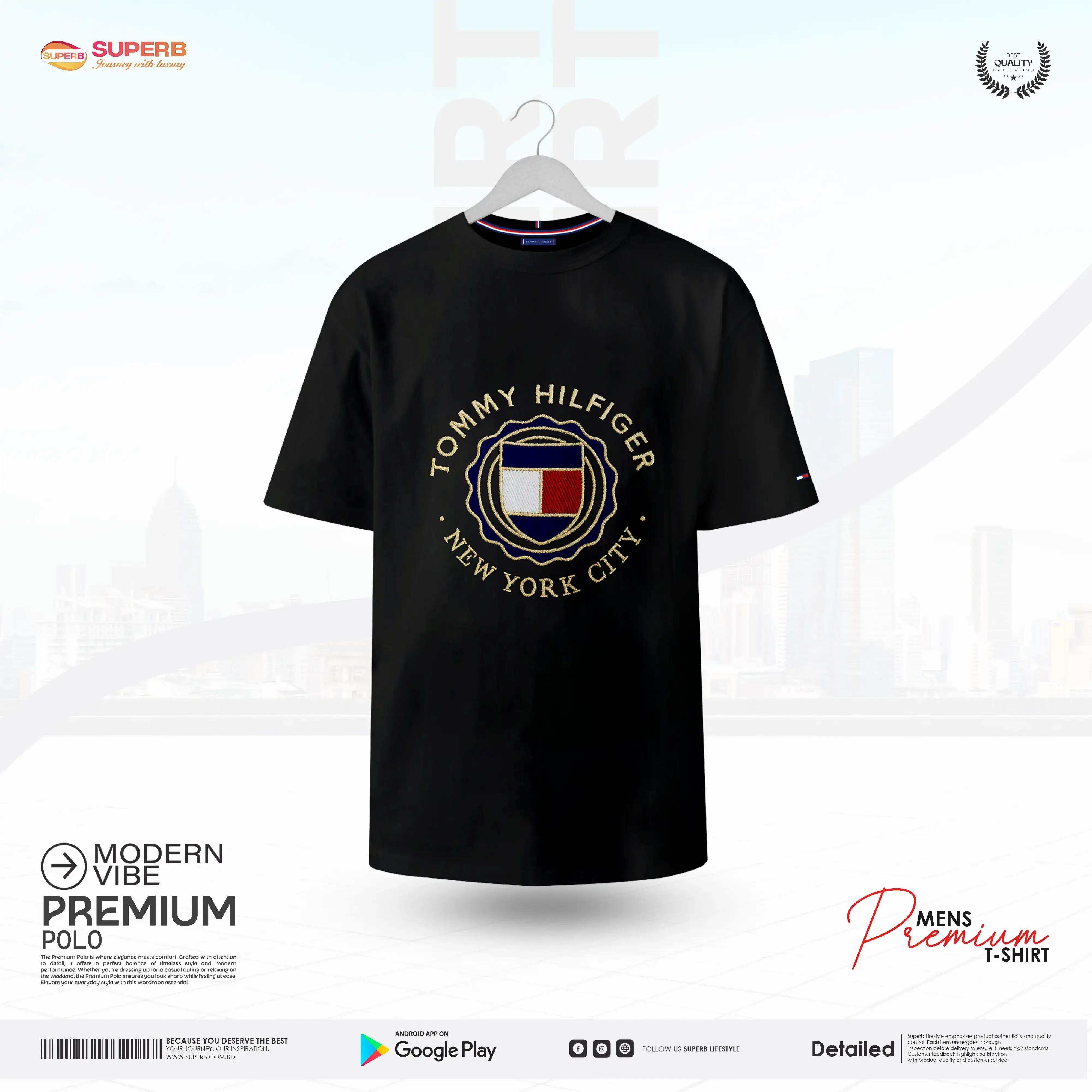 Tommy Hilfiger Premium Cotton T-Shirt –Crew Neck Tee || Superb - Black