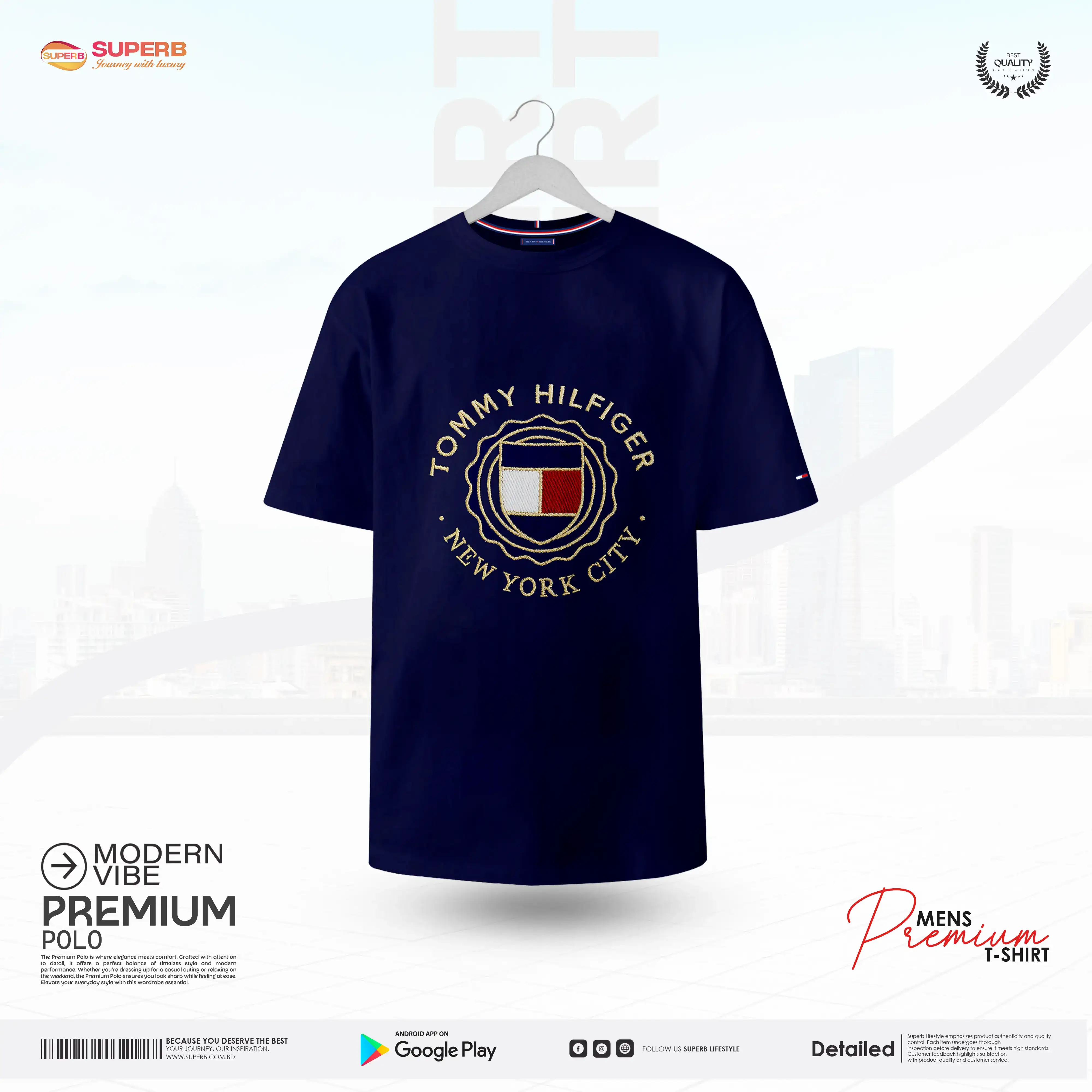 Tommy Hilfiger Premium Cotton T-Shirt –Crew Neck Tee || Superb - Navy