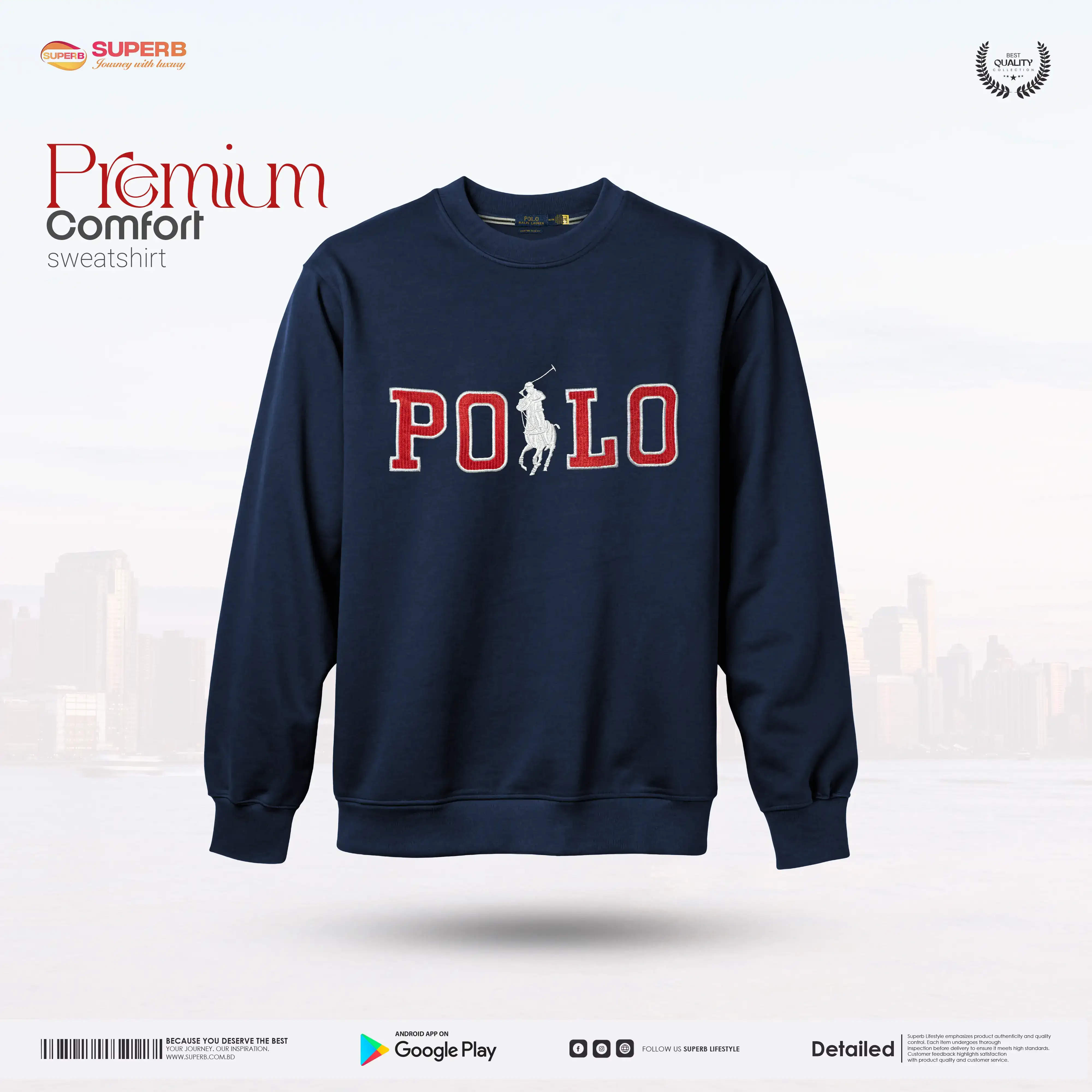 Ralph Lauren Men’s Classic Cotton Fleece Sweatshirt-Polo Pony Logo || Superb - Navy Blue