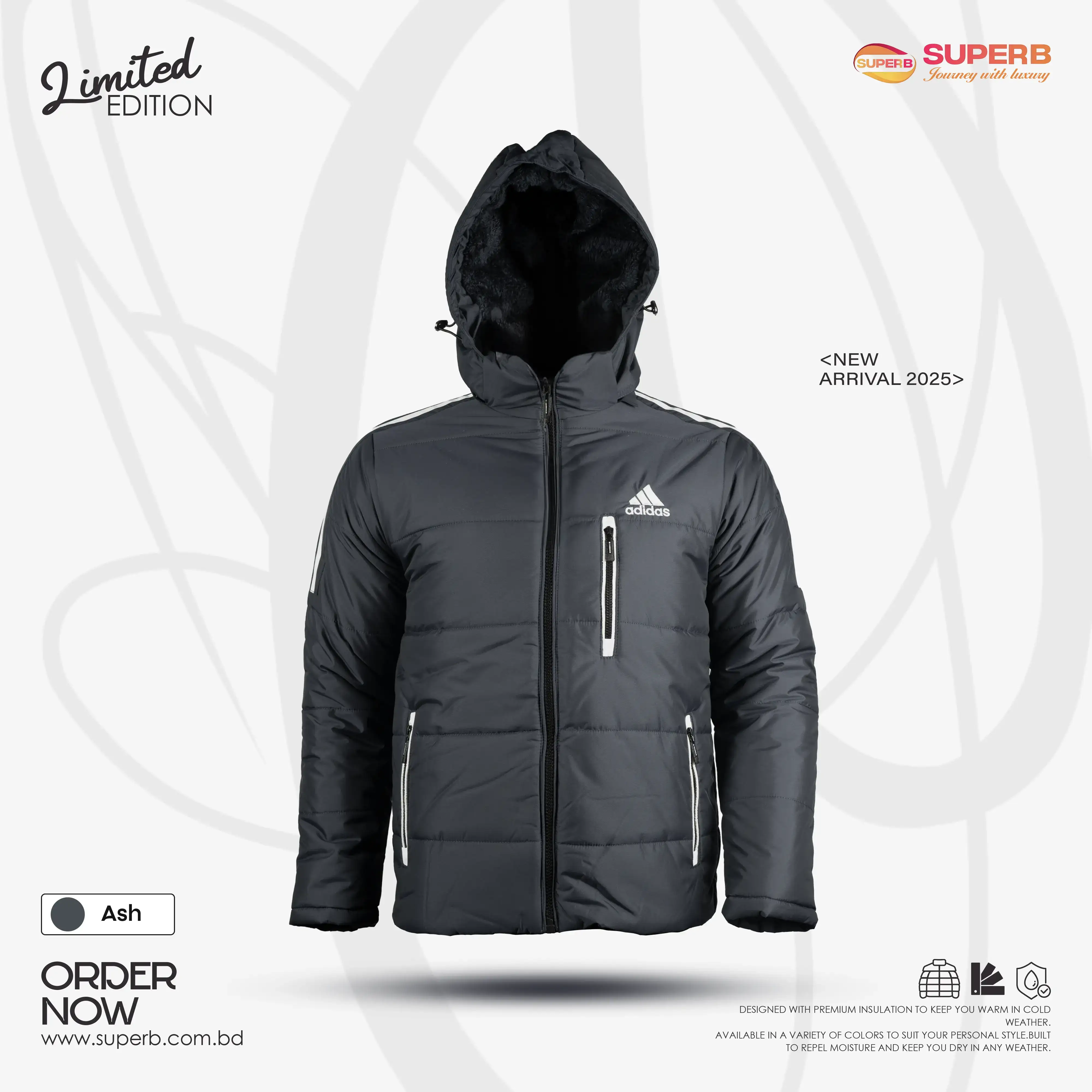 Adidas Premium Sherpa Heavy Hooded Jacket | Extreme Cold Protection -35°C || Superb - Gray