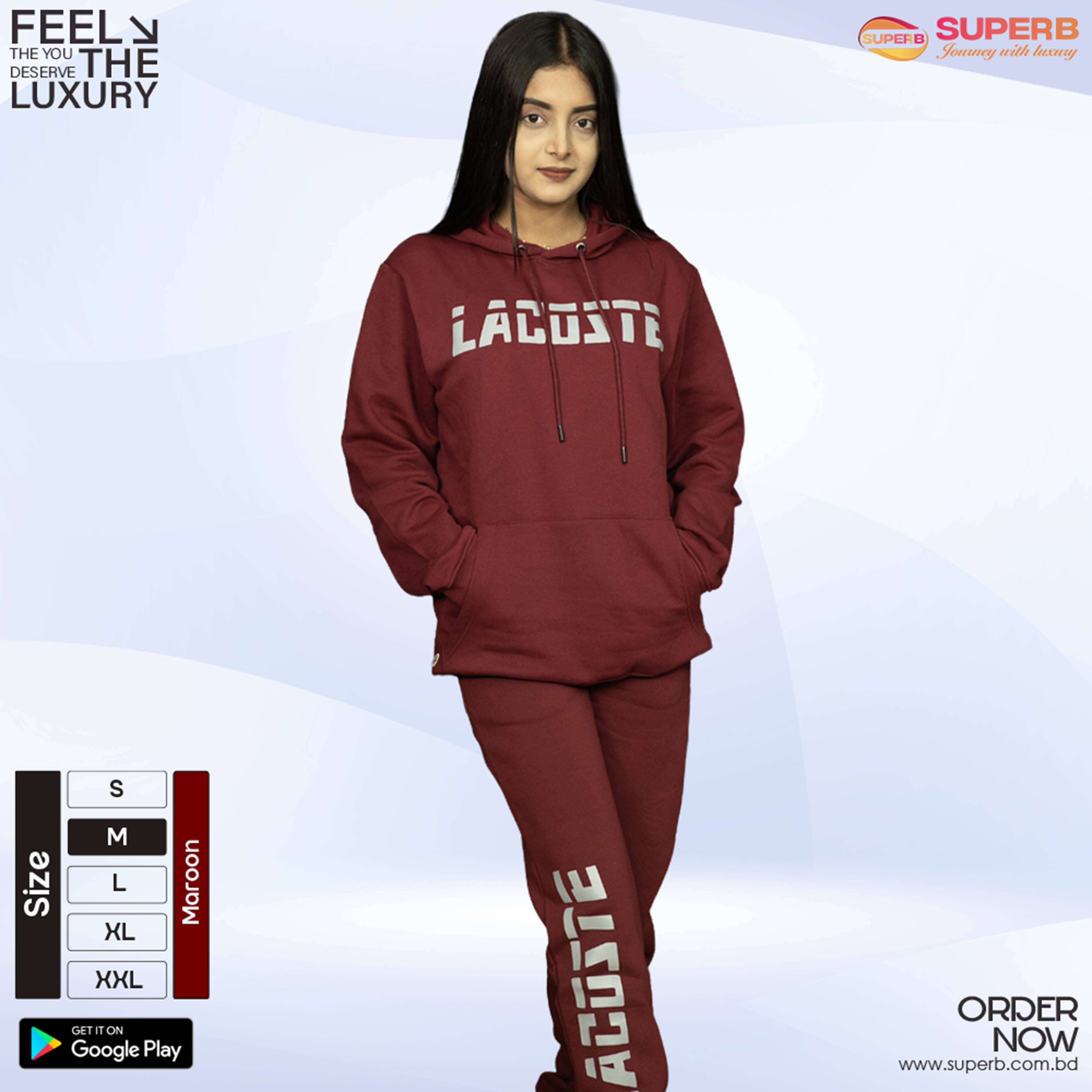 Lacoste Premium Tracksuit – Ultra-Soft Cotton-Blend Hoodie & Joggers || Superb - Maroon