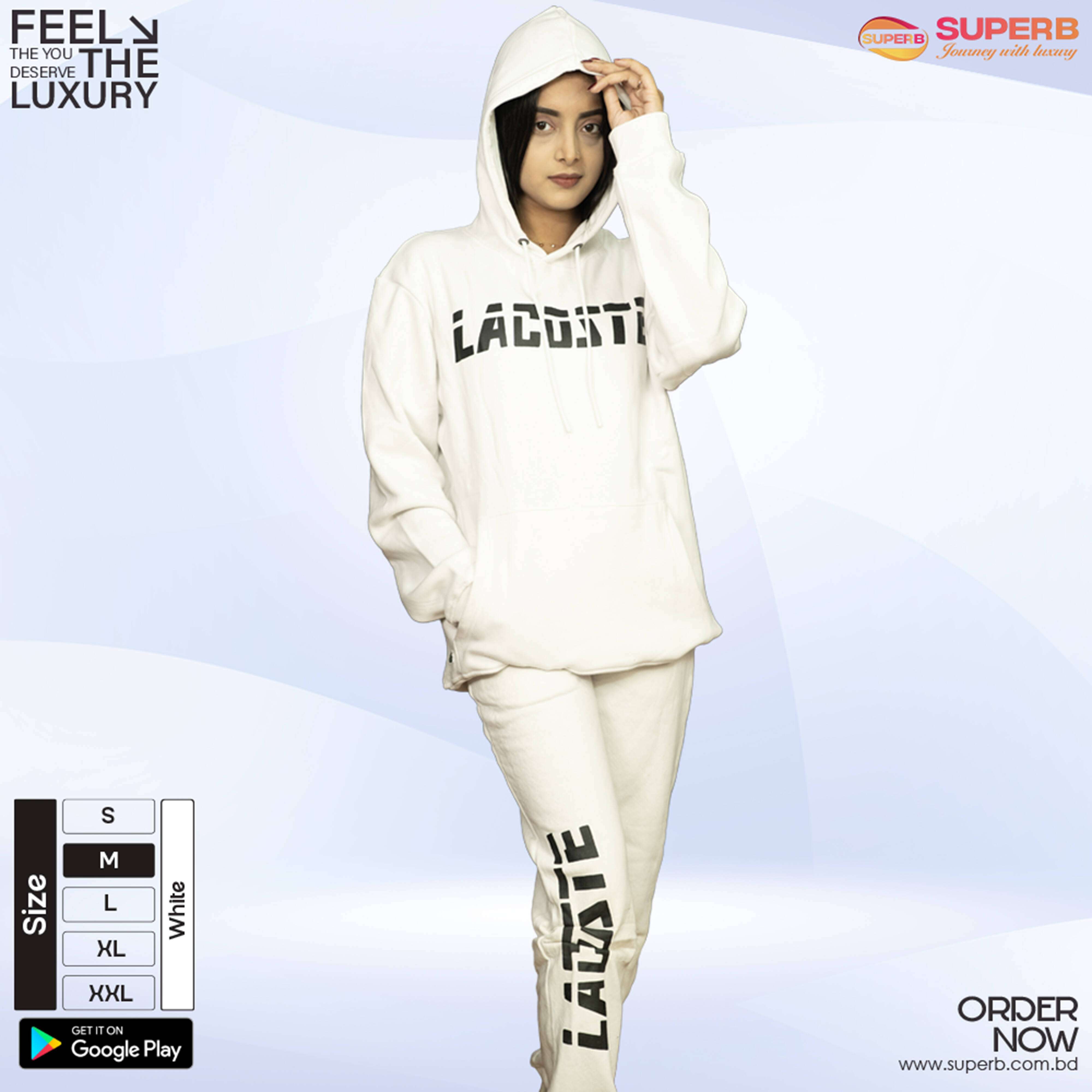 Lacoste Premium Tracksuit – Ultra-Soft Cotton-Blend Hoodie & Joggers || Superb - White