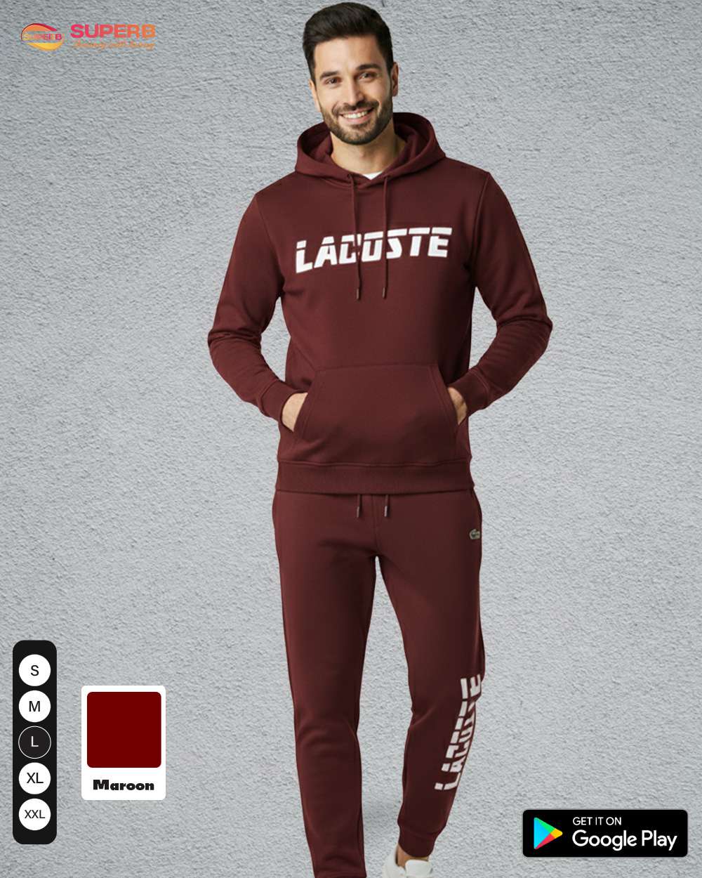 Lacoste Premium Tracksuit – Ultra-Soft Cotton-Blend Hoodie & Joggers || Superb - Maroon