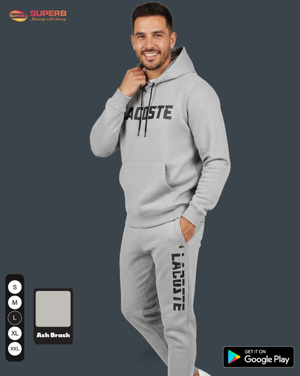 Lacoste Premium Tracksuit – Ultra-Soft Cotton-Blend Hoodie & Joggers || Superb - Ash Brash