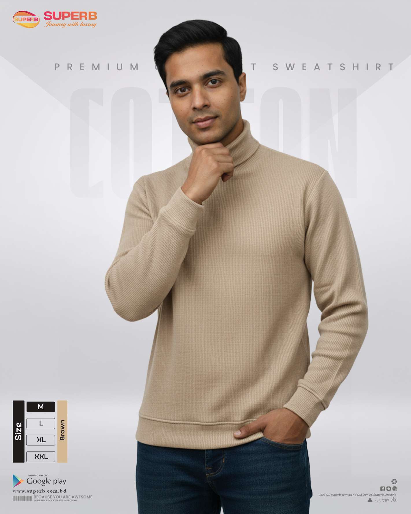 BOSS Premium High-Neck Sweatshirt – Ultra Soft Cotton Comfort | Superb - Brown