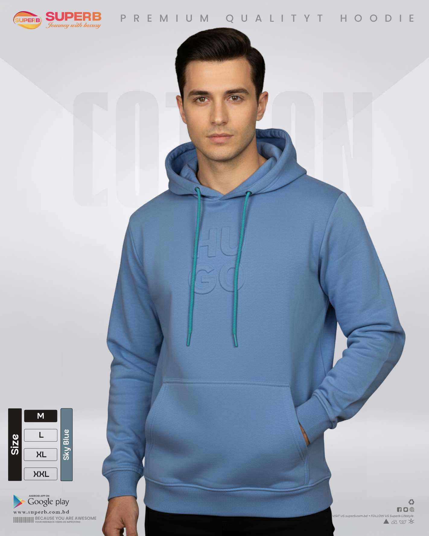 Hugo Boss Premium Unisex Hoodie – 350+ GSM Inner Brusho Fabric | Soft, Warm & Stylish || Superb - Sky Blue