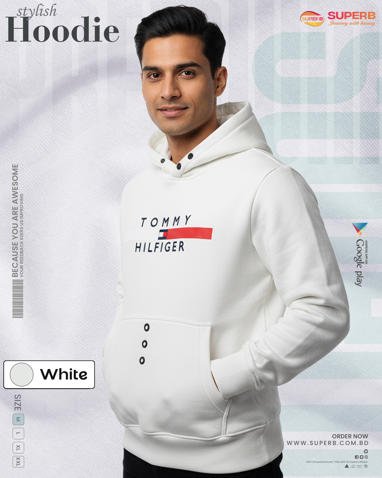 Tommy Hilfiger Premium Hoodie for Men & Women | 350 GSM Warm Winter Hoody - White