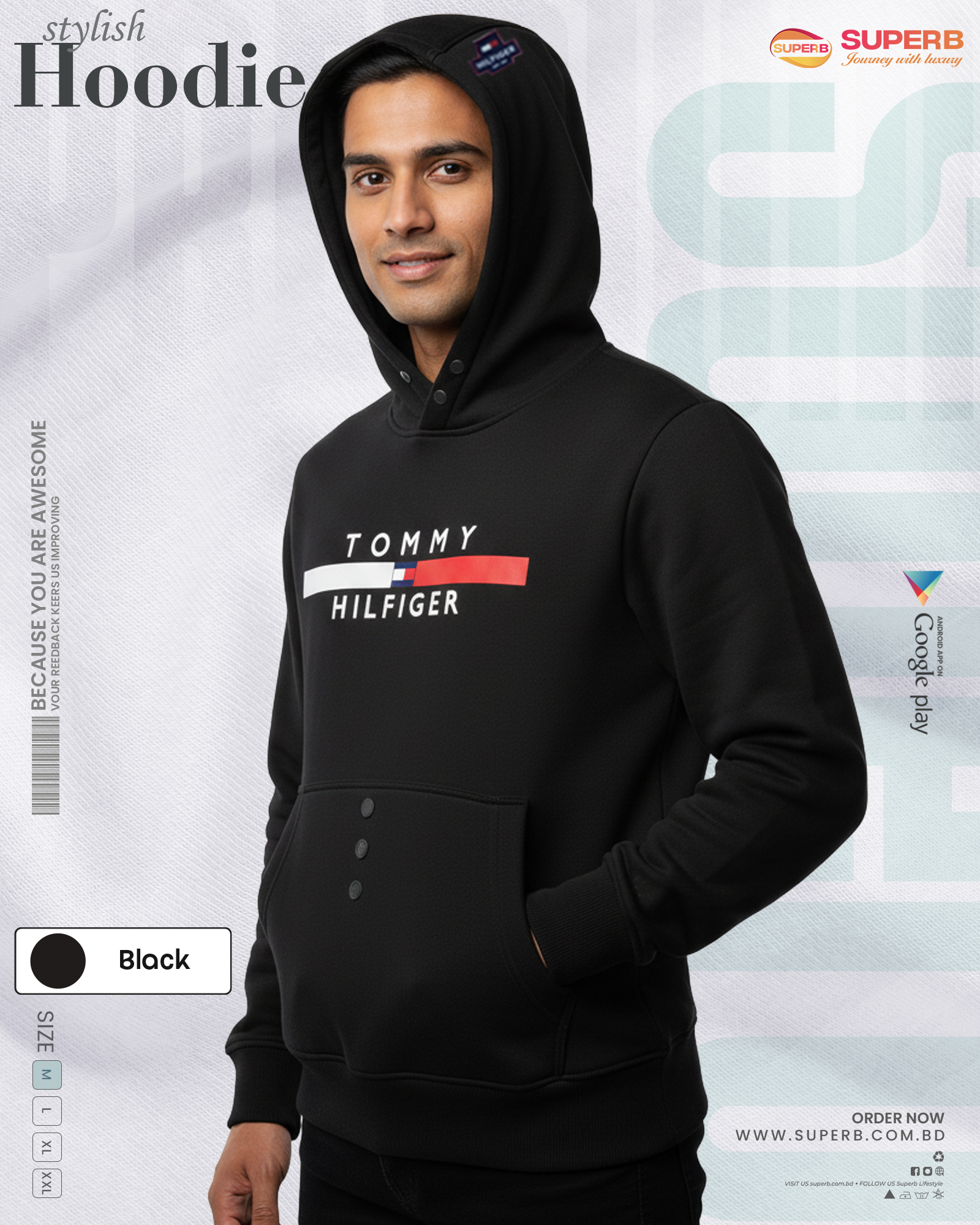 Tommy Hilfiger Premium Hoodie for Men & Women | 350 GSM Warm Winter Hoody - Black