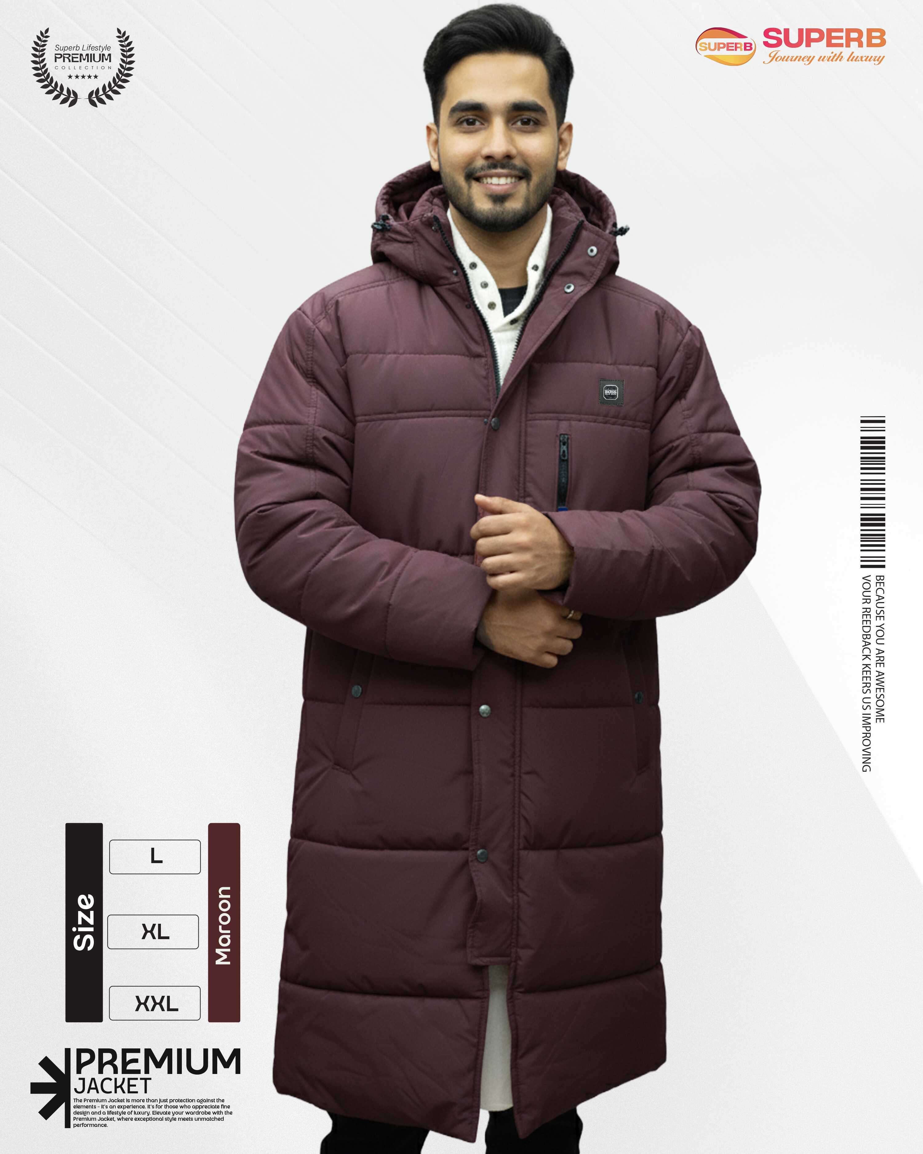 Boss Premium Padding Long Jacket with Inner Sherpa – Winter Essential || Superb - Maroon