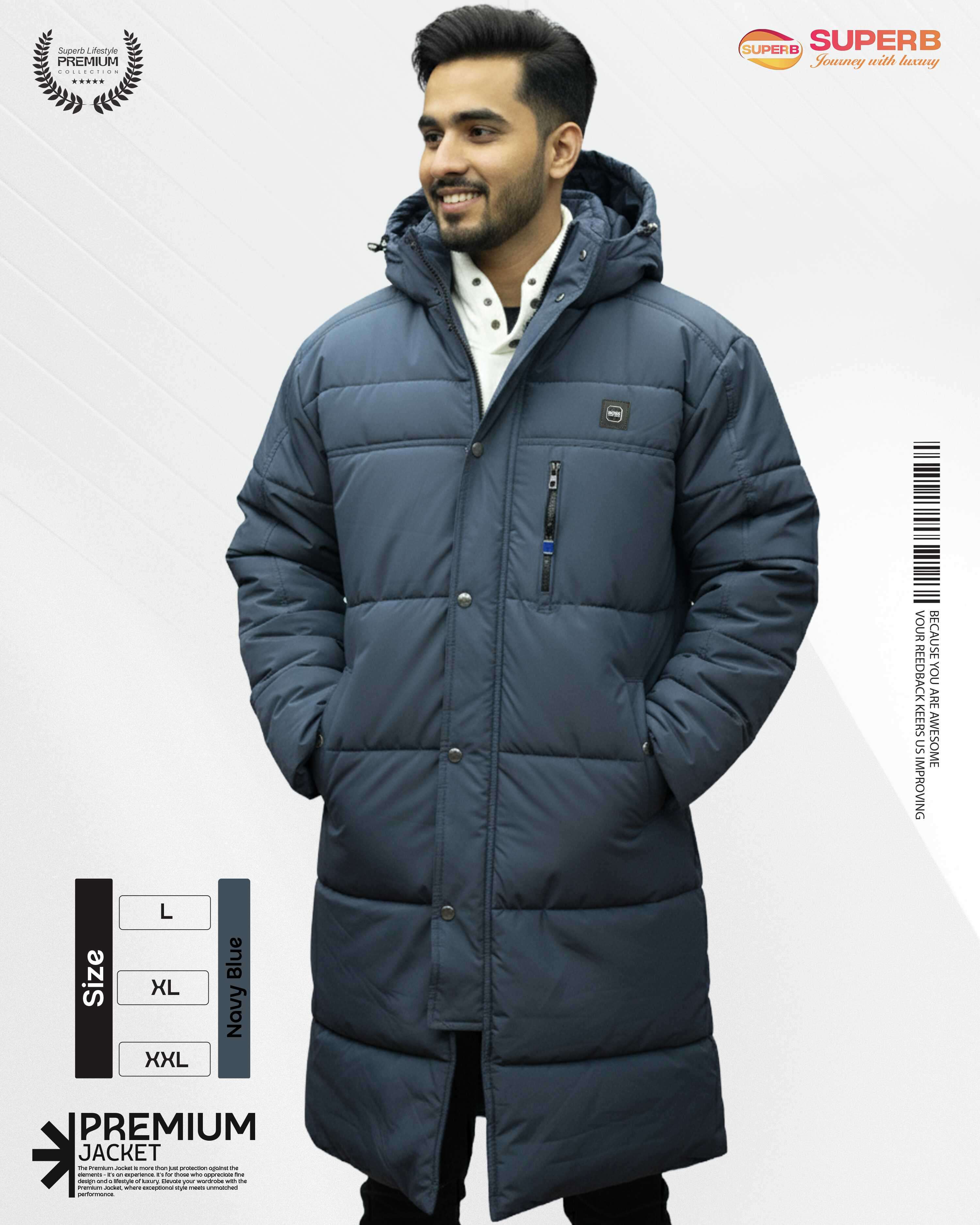 Boss Premium Padding Long Jacket with Inner Sherpa – Winter Essential || Superb - Navy Blue