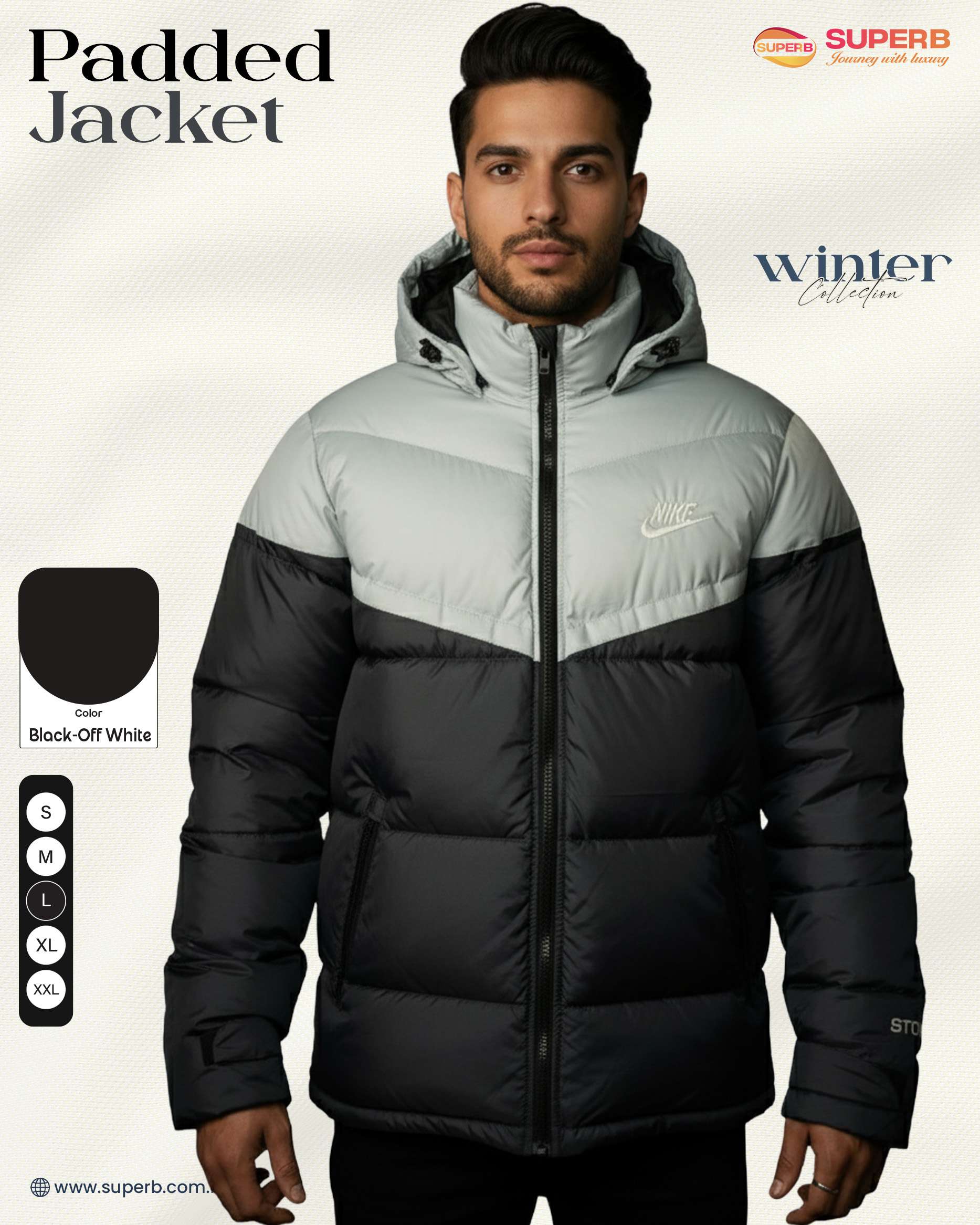 Nike Premium Contrast Padded Winter Jacket | High Warmth, Water-Resistant Export Edition - Black-Off White