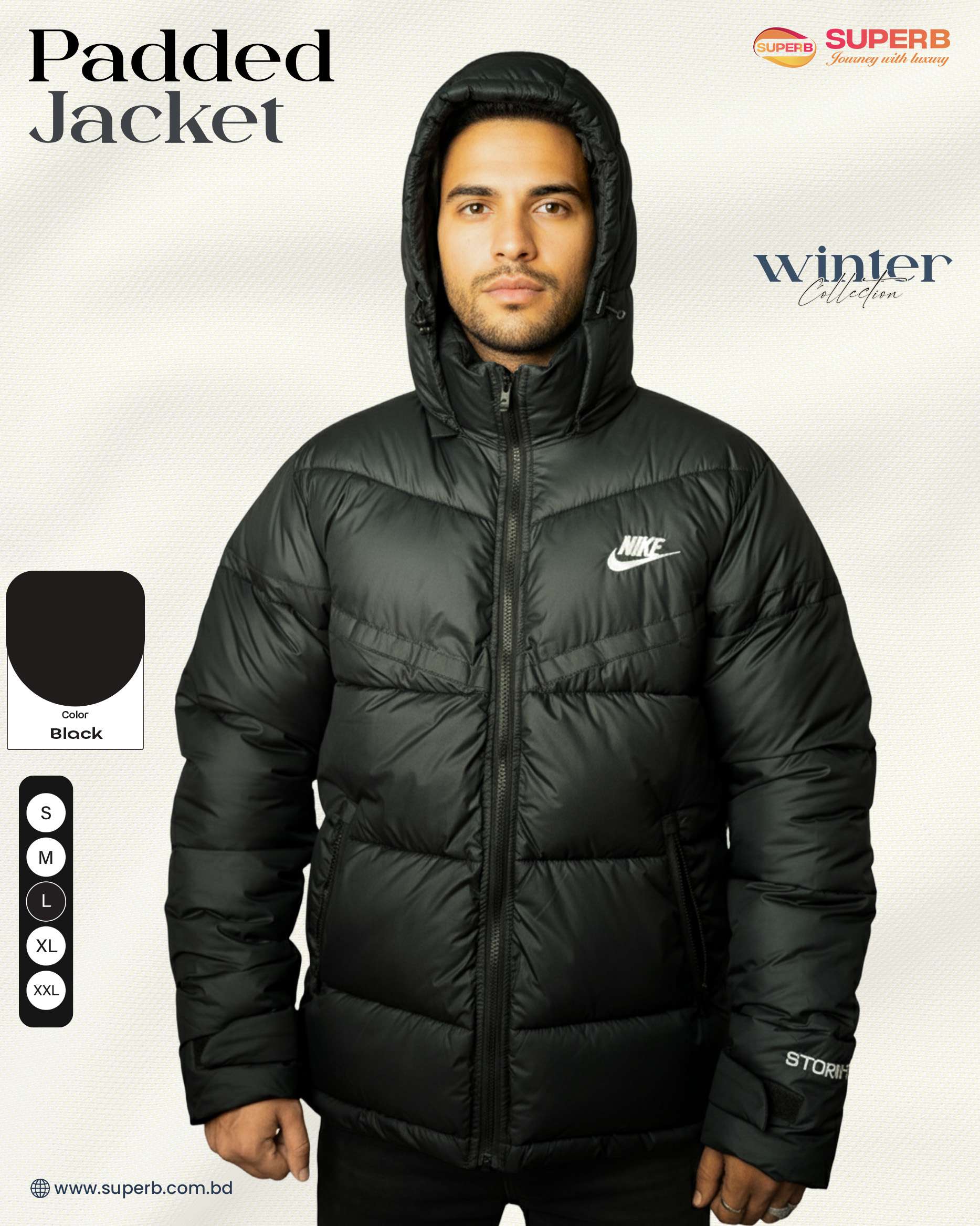 Nike Premium Contrast Padded Winter Jacket | High Warmth, Water-Resistant Export Edition - Black