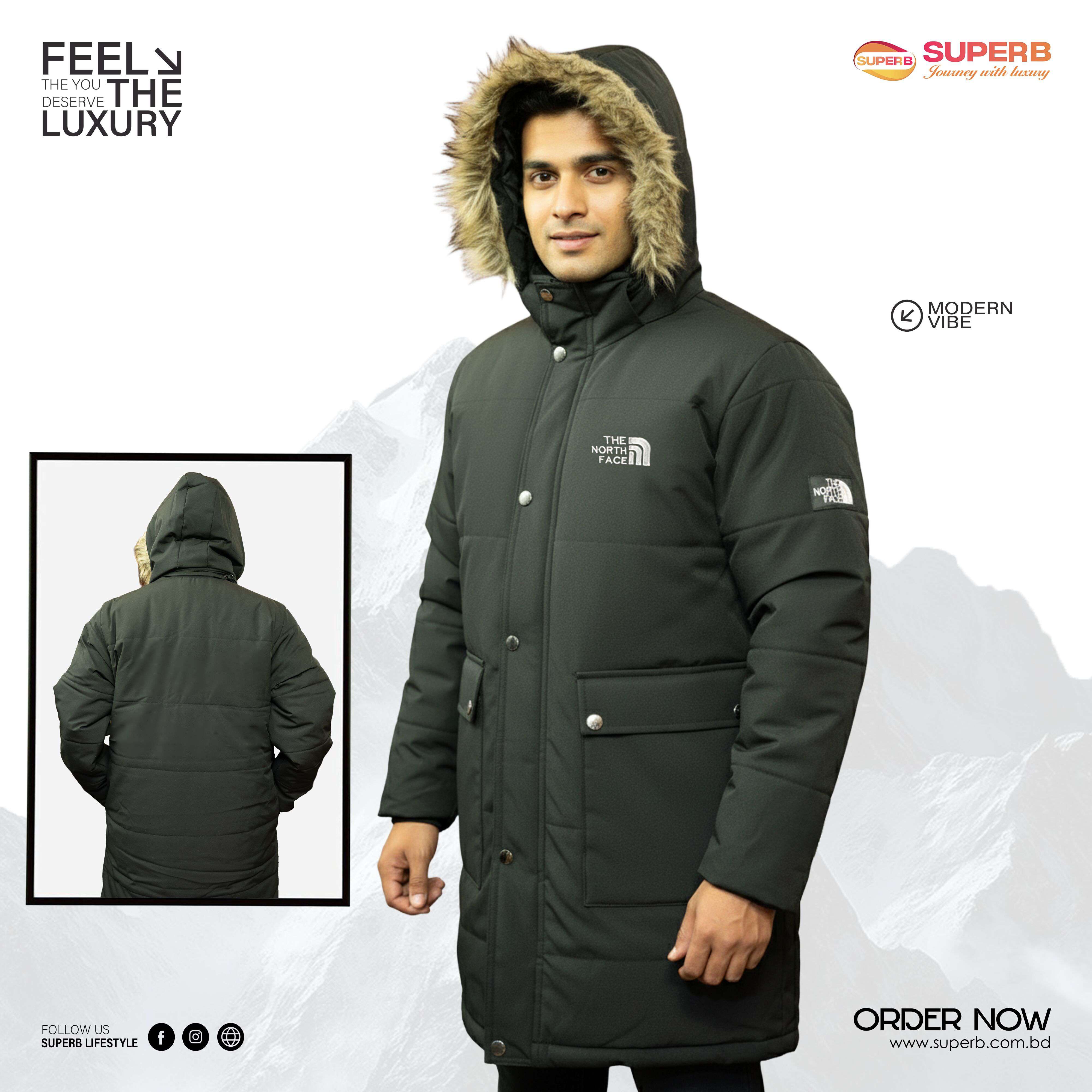 The North Face Semi-Long Unisex Winter Jacket | Half-Body Sherpa Lined Premium Edition - Black