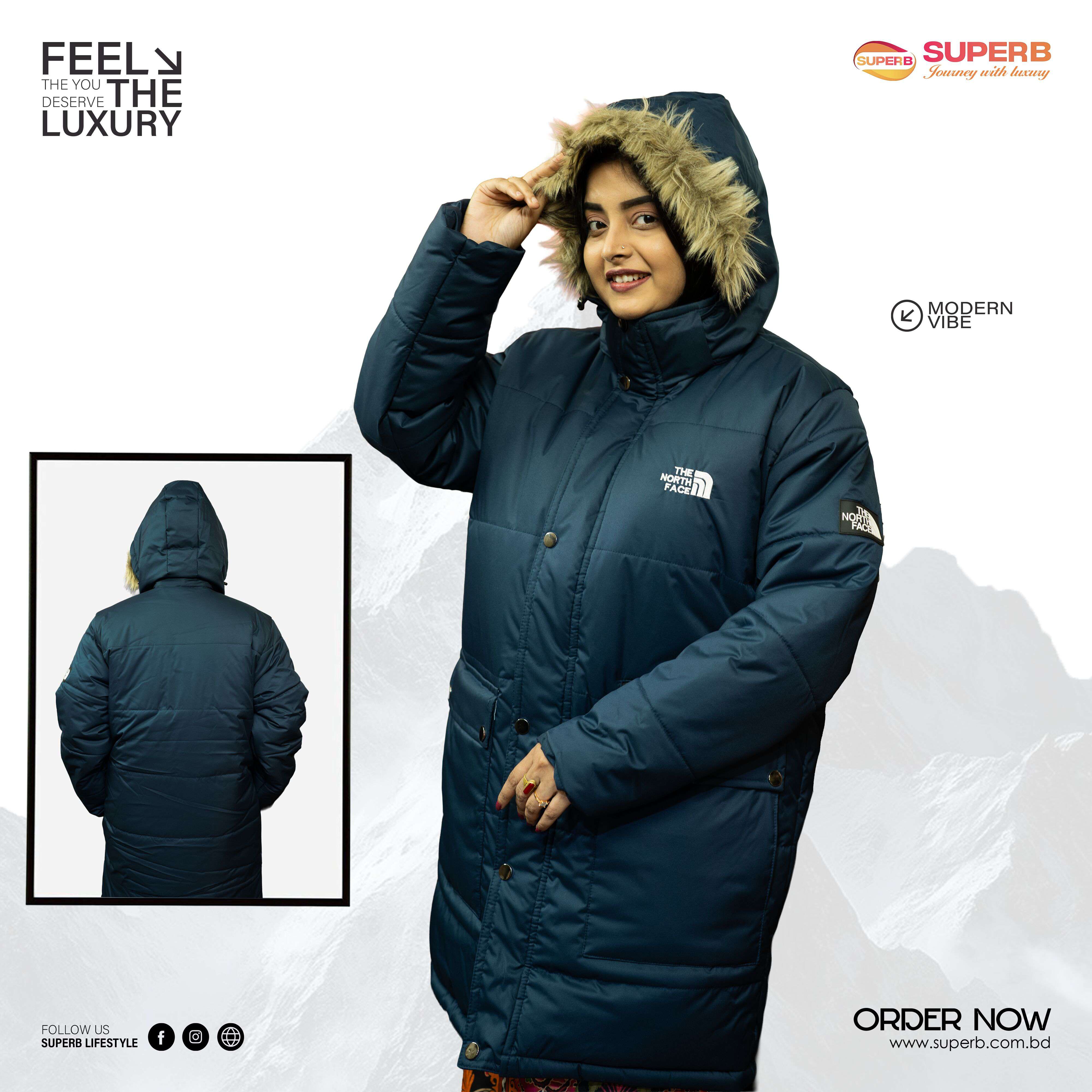 The North Face Semi-Long Unisex Winter Jacket | Half-Body Sherpa Lined Premium Edition - Navy Blue