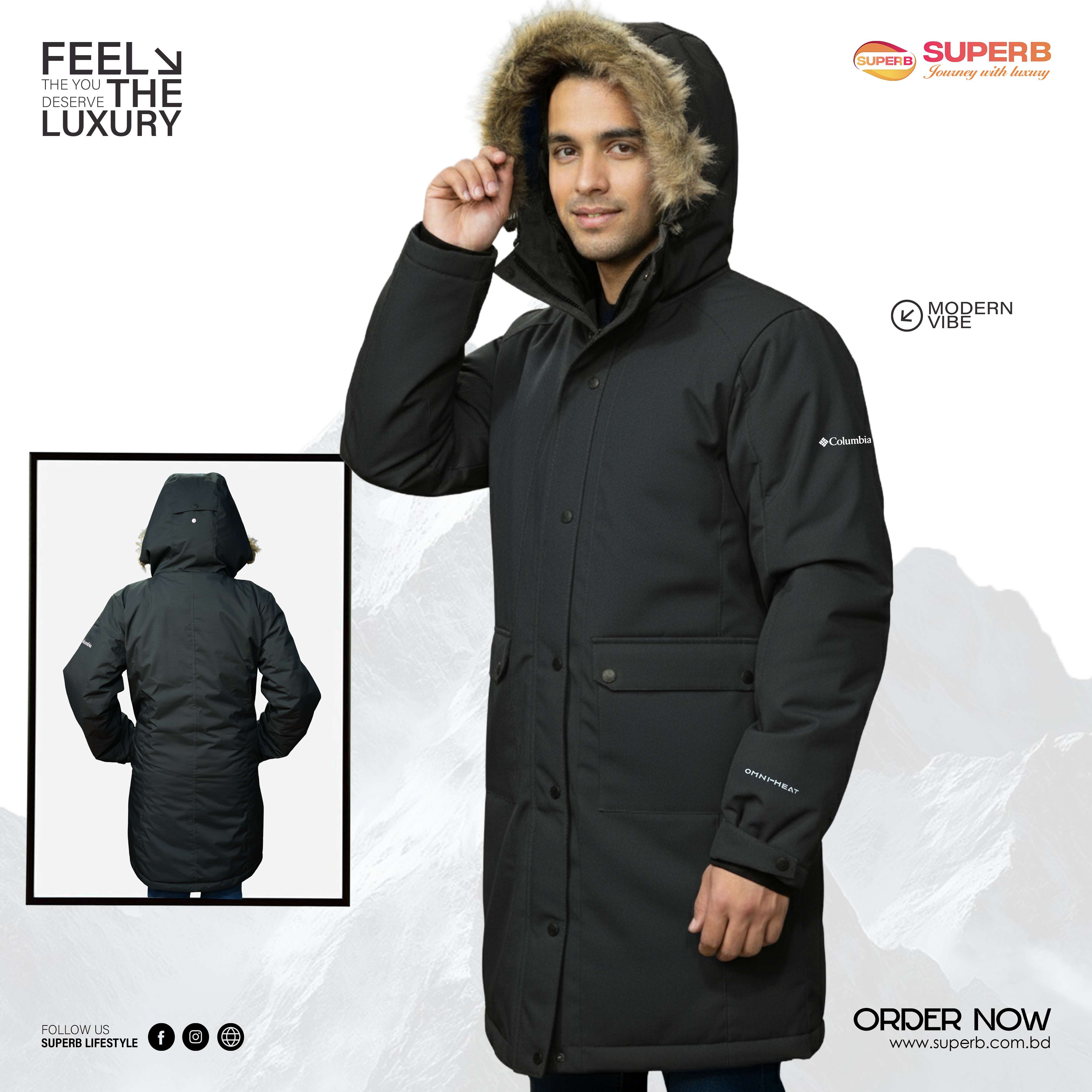 Columbia Omni-Heat Semi-Long Winter Jacket | Premium Golden Thermal Lining | Unisex Edition - Black