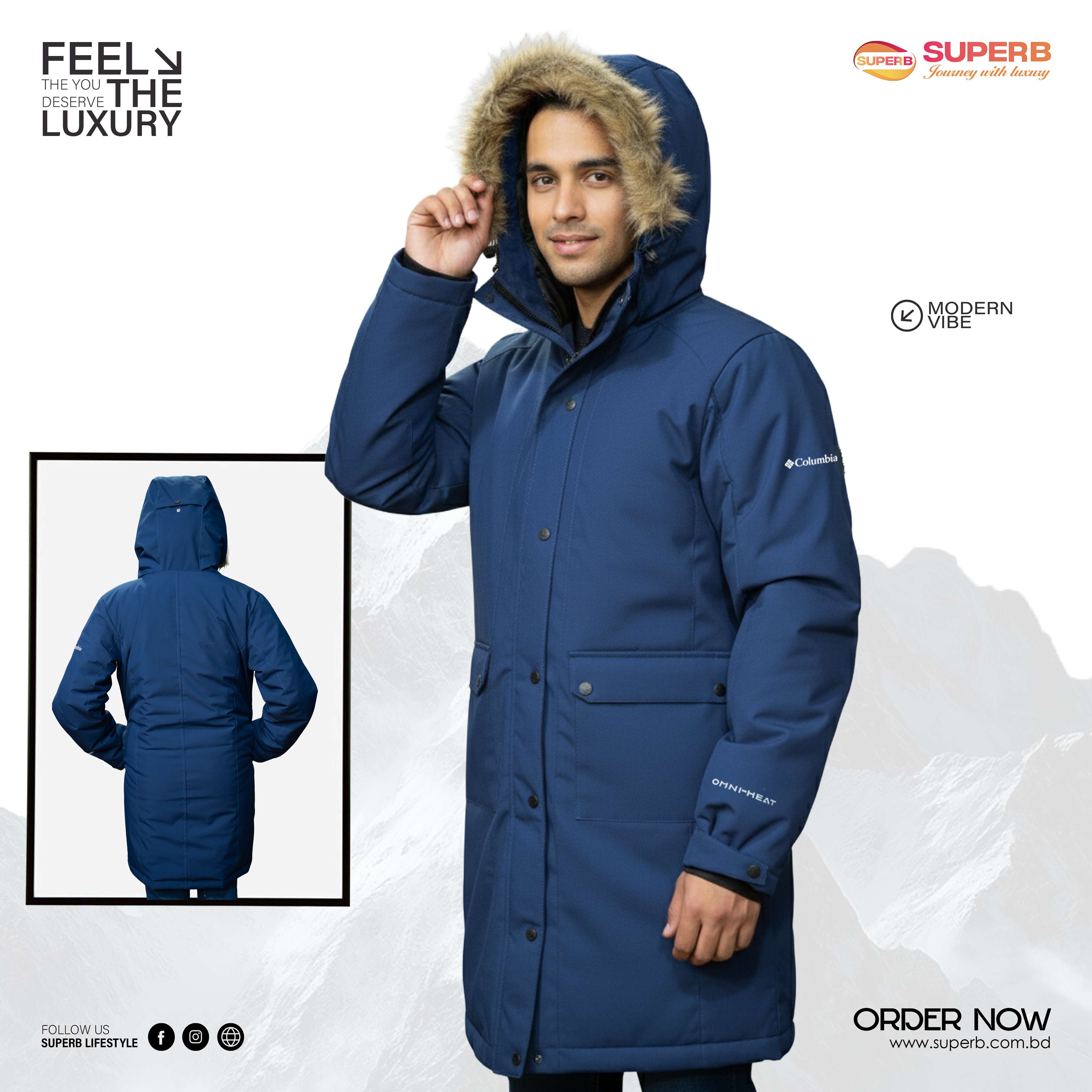 Columbia Omni-Heat Semi-Long Winter Jacket | Premium Golden Thermal Lining | Unisex Edition - Navy Blue