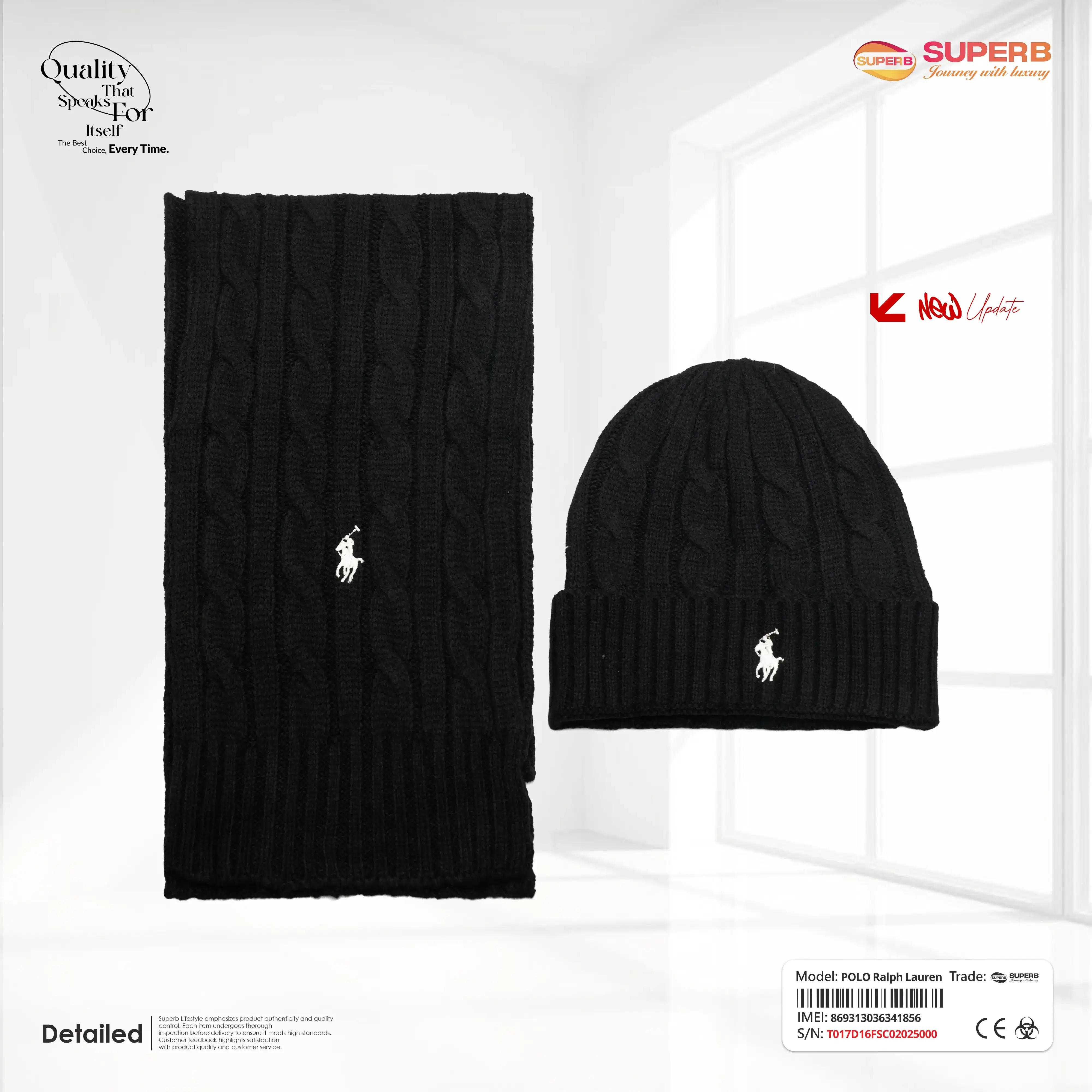 Ralph Lauren Unisex Cable-Knit Beanie & Scarf Set – 100% Wool || Superb - Black