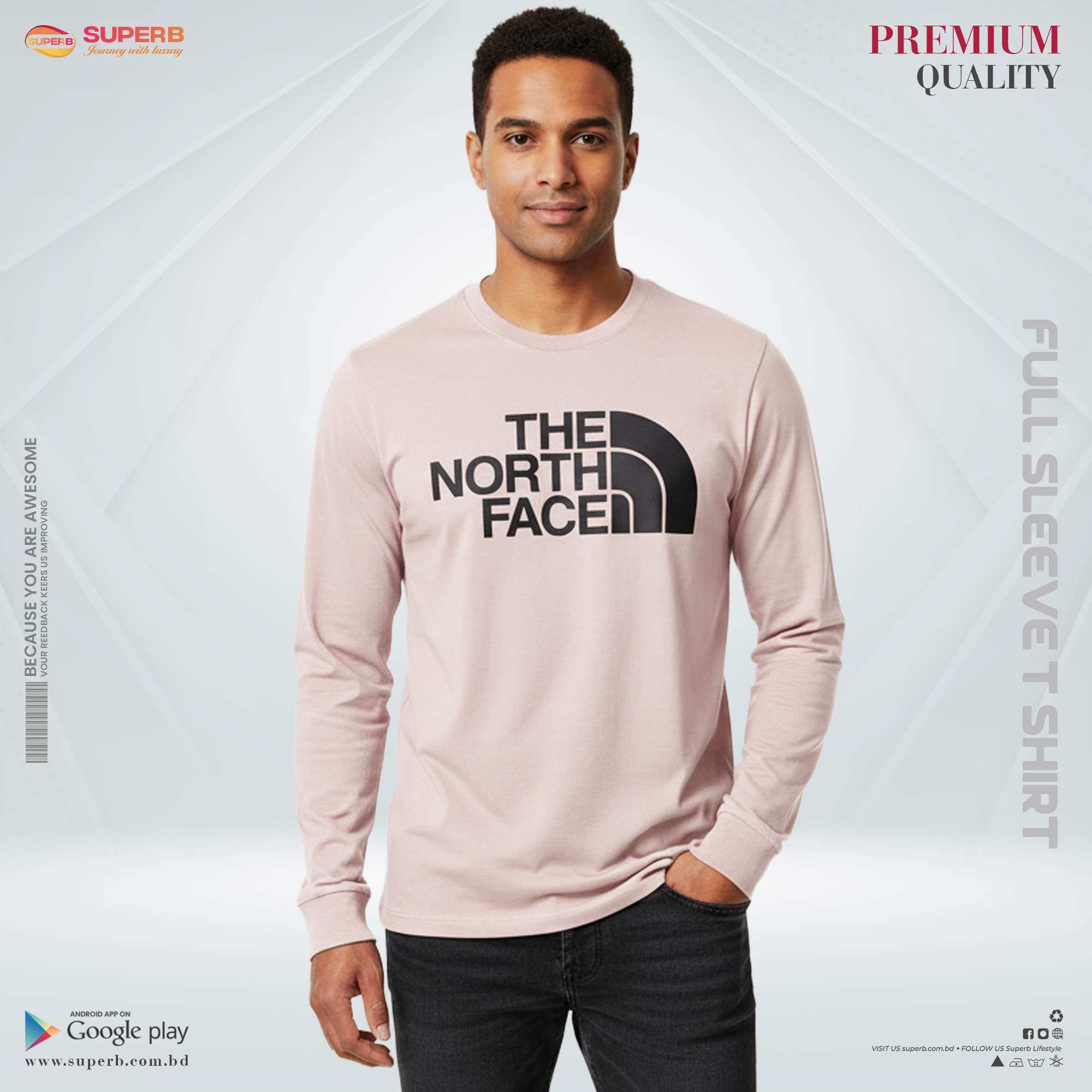 The North Face Premium Full Sleeve T-Shirt | 200+ GSM Cotton Comfort Wear - Light Pink