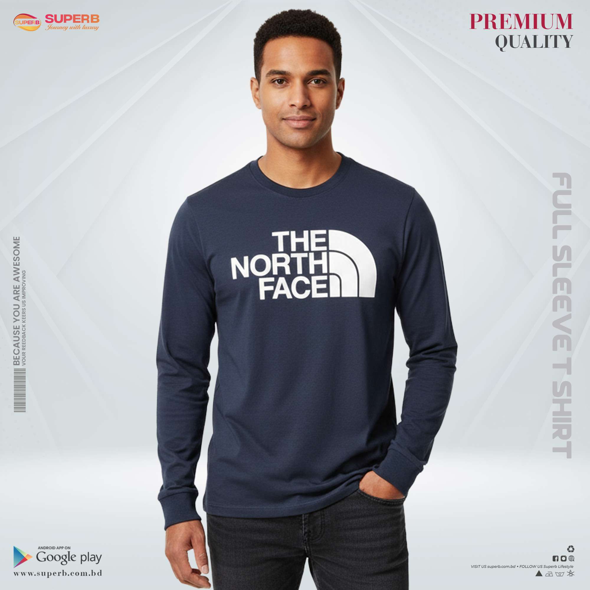 The North Face Premium Full Sleeve T-Shirt | 200+ GSM Cotton Comfort Wear - Navy Blue