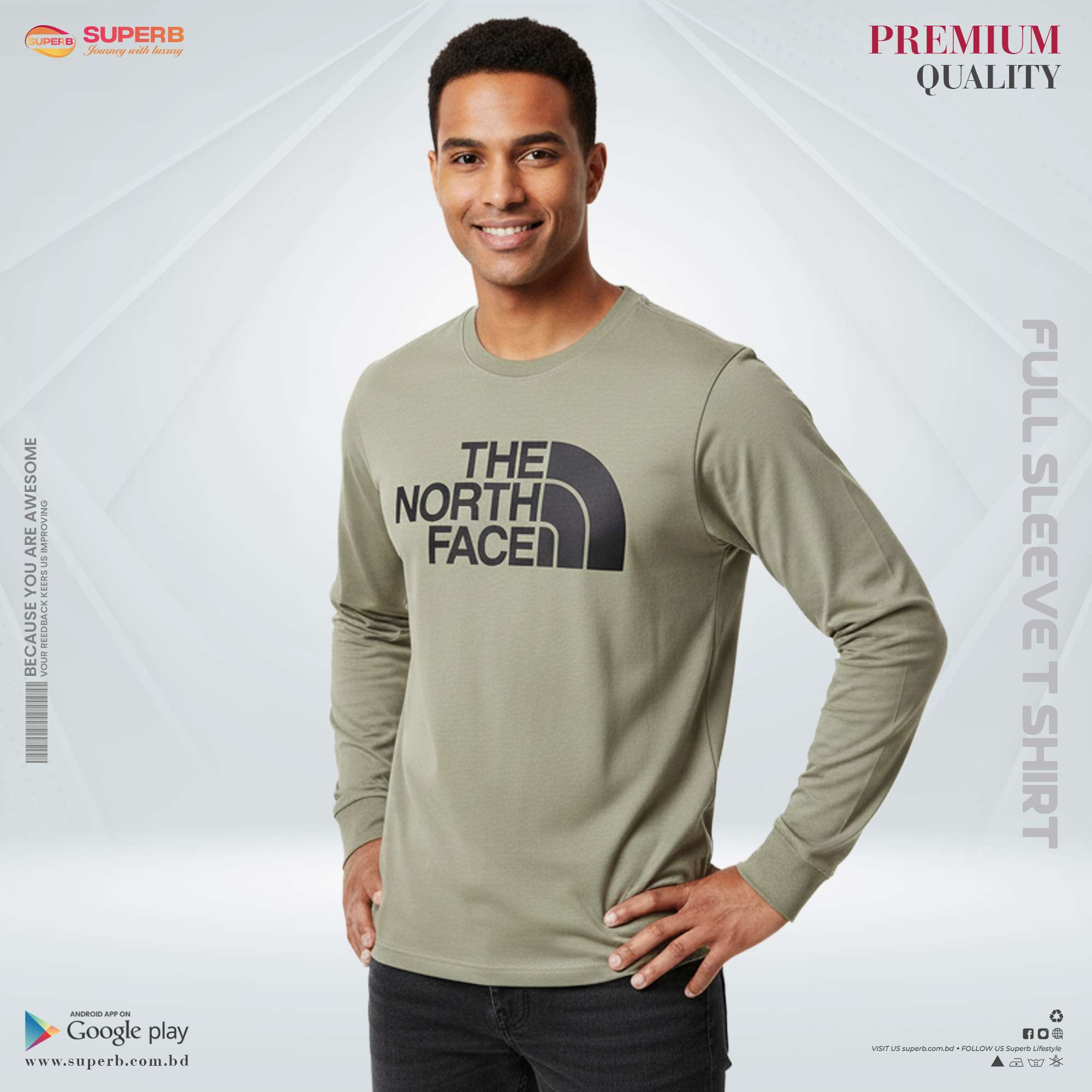 The North Face Premium Full Sleeve T-Shirt | 200+ GSM Cotton Comfort Wear - Olive