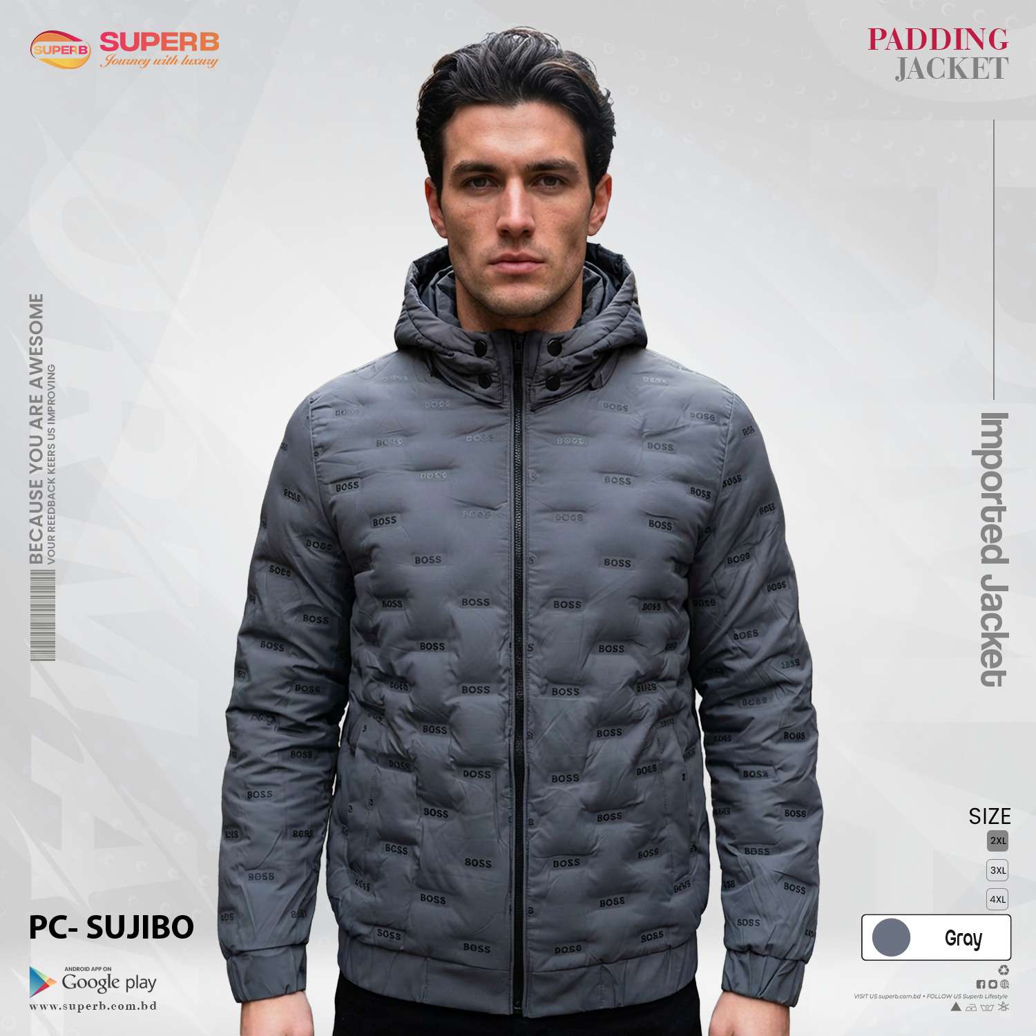 BOSS Original Imported Padded Jacket | Premium Winter Jacket - Gray