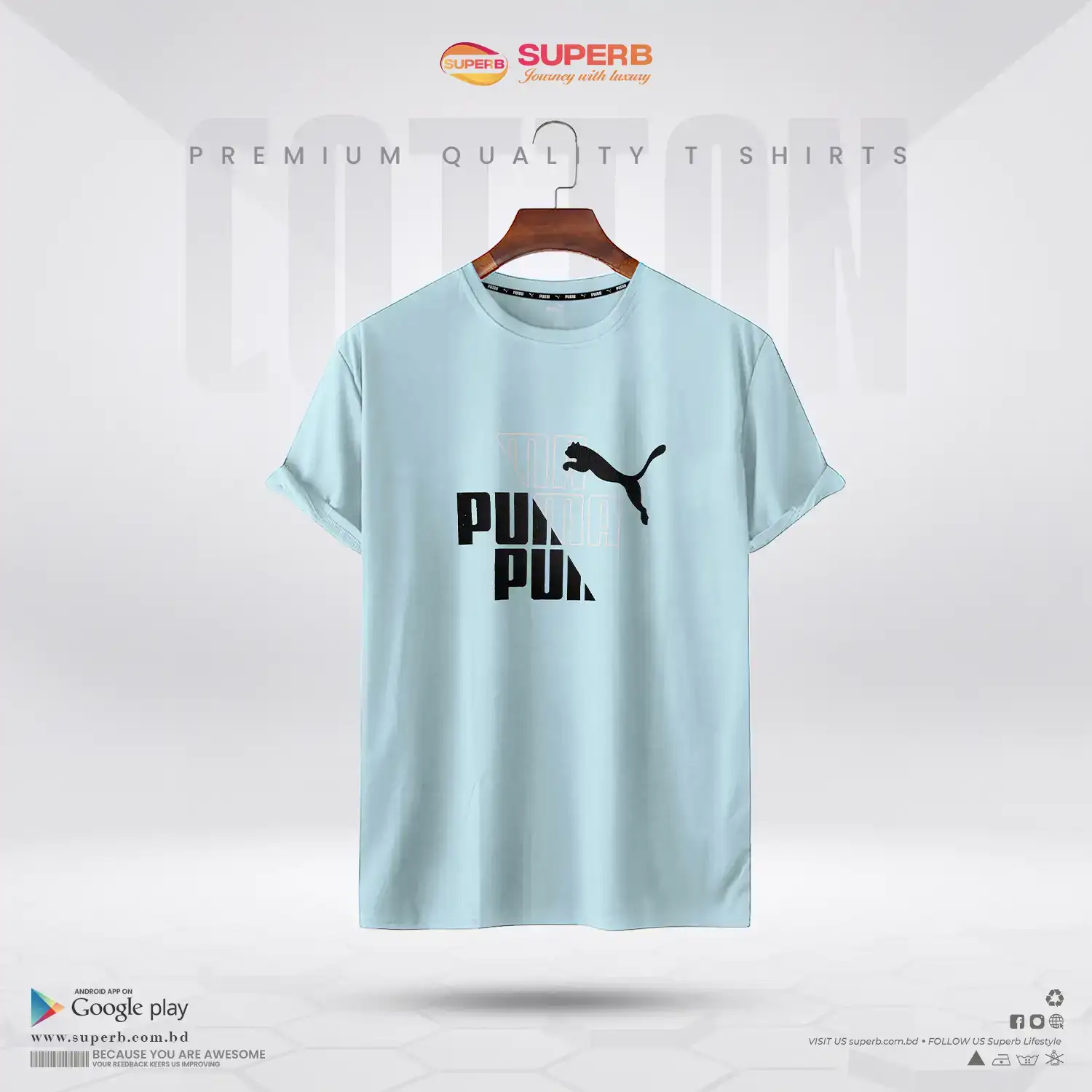 Puma Classic Logo T-Shirt – Sky Blue || Soft Cotton Crew Neck || Superb