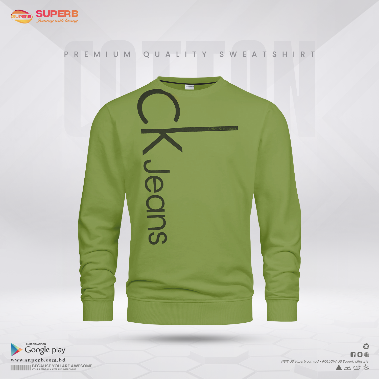 CK Jeans Men’s Sweatshirt – Green Crew Neck with CK Logo || Superb