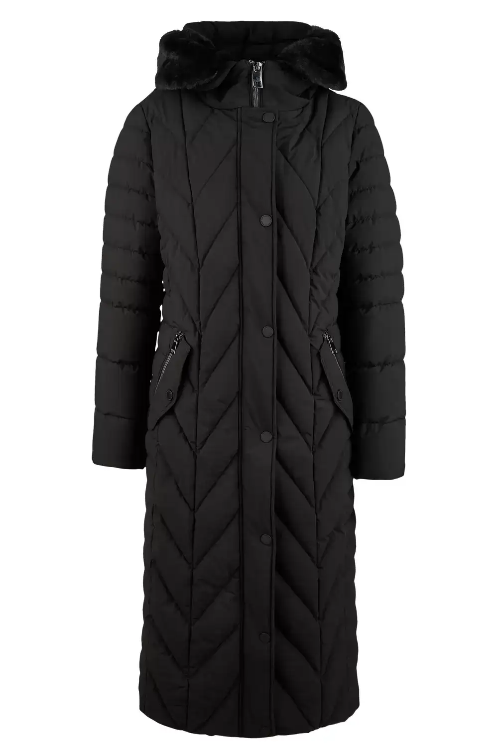 BARBARA LEBEK Longline Padded Coat with Faux Fur Collar in Black || Superb