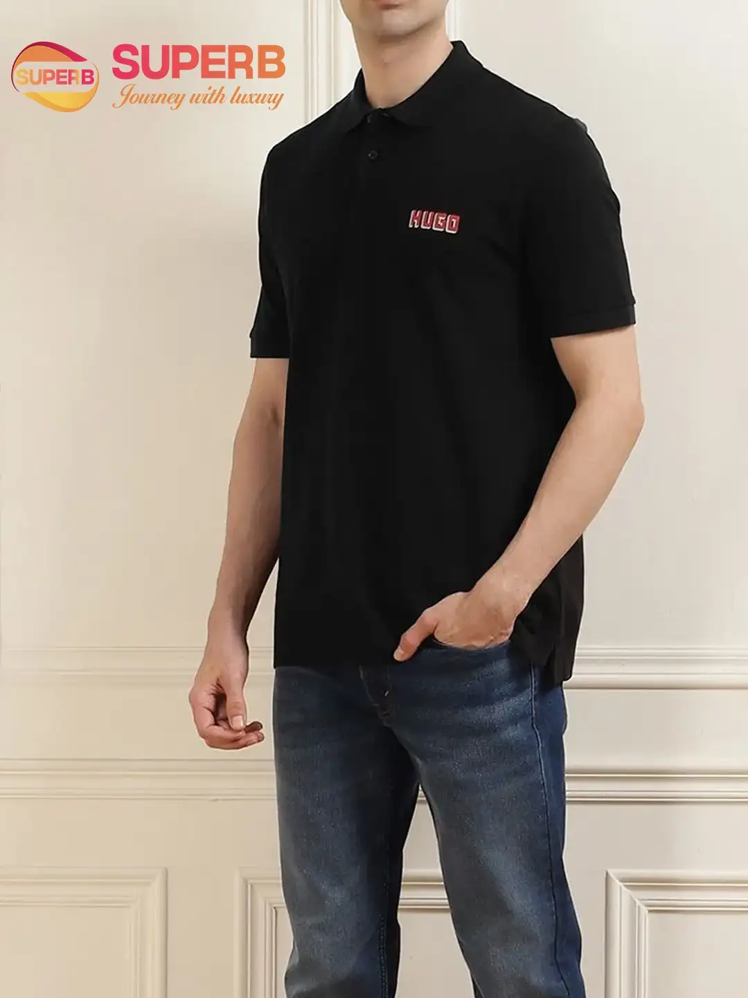 HUGO Men’s Black Polo T-Shirt | Abstract Chest Print | 100% Cotton Casual Wear || Superb