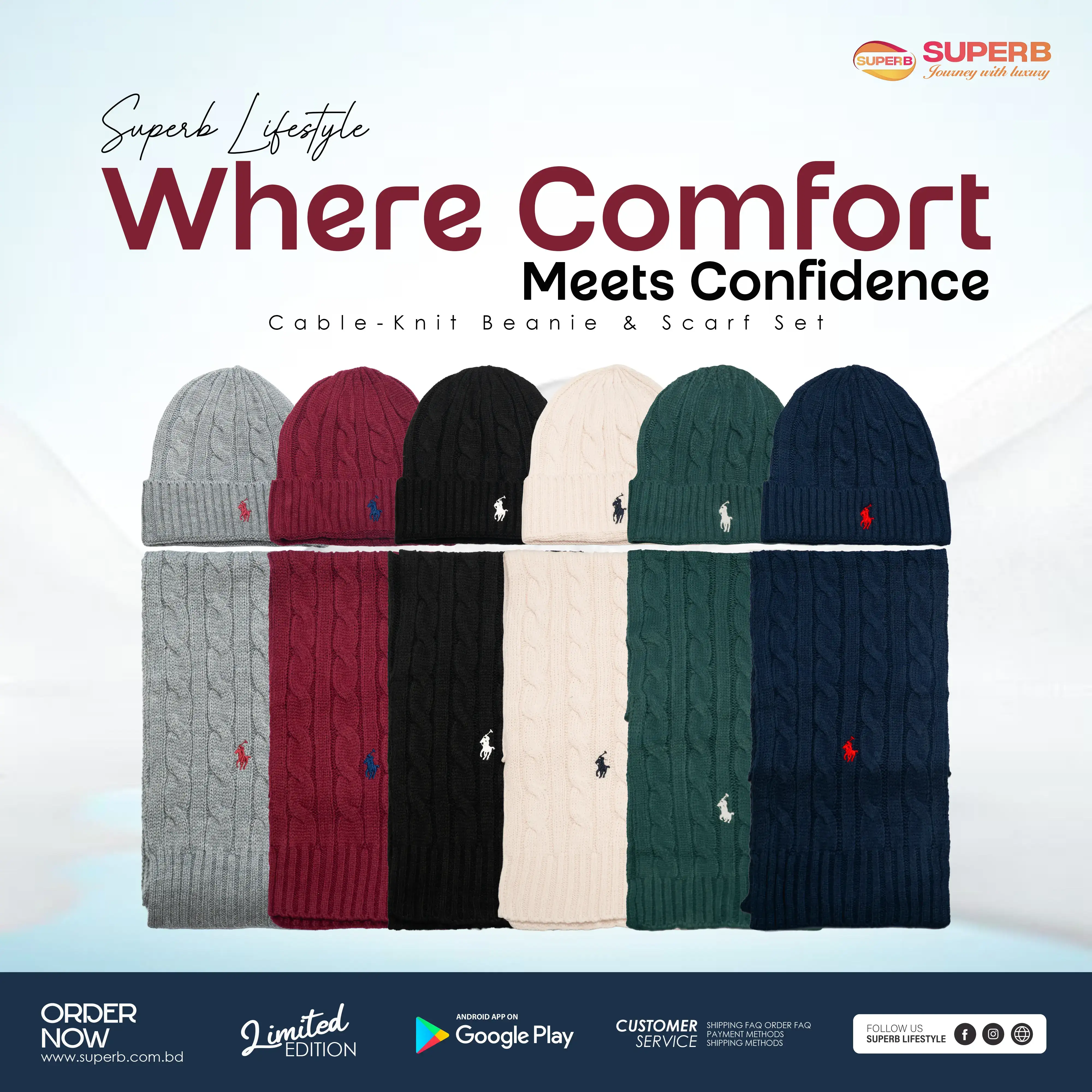 Ralph Lauren Unisex Cable-Knit Beanie & Scarf Set – 100% Wool || Superb