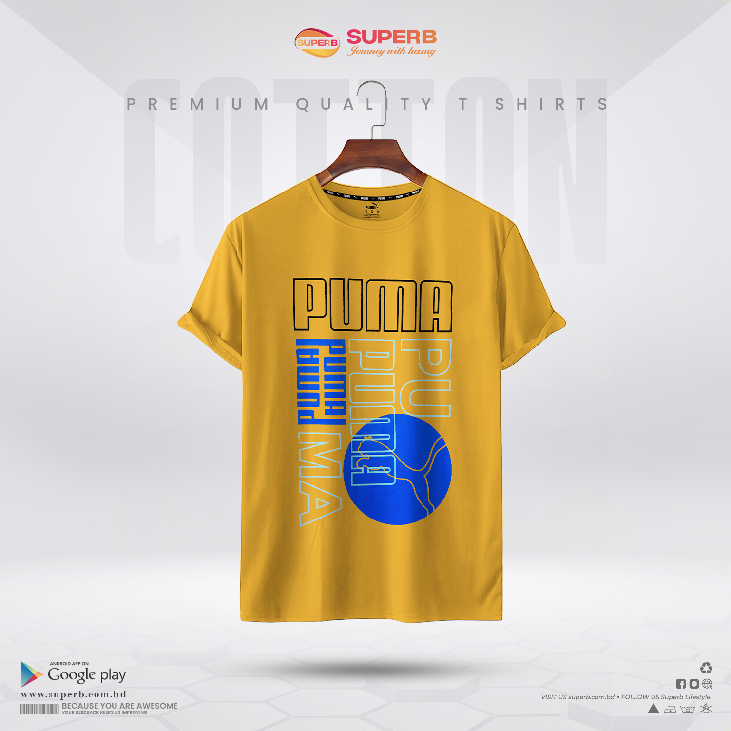Puma Yellow Graphic T-Shirt – Blue Design | Premium Cotton Tee || Superb